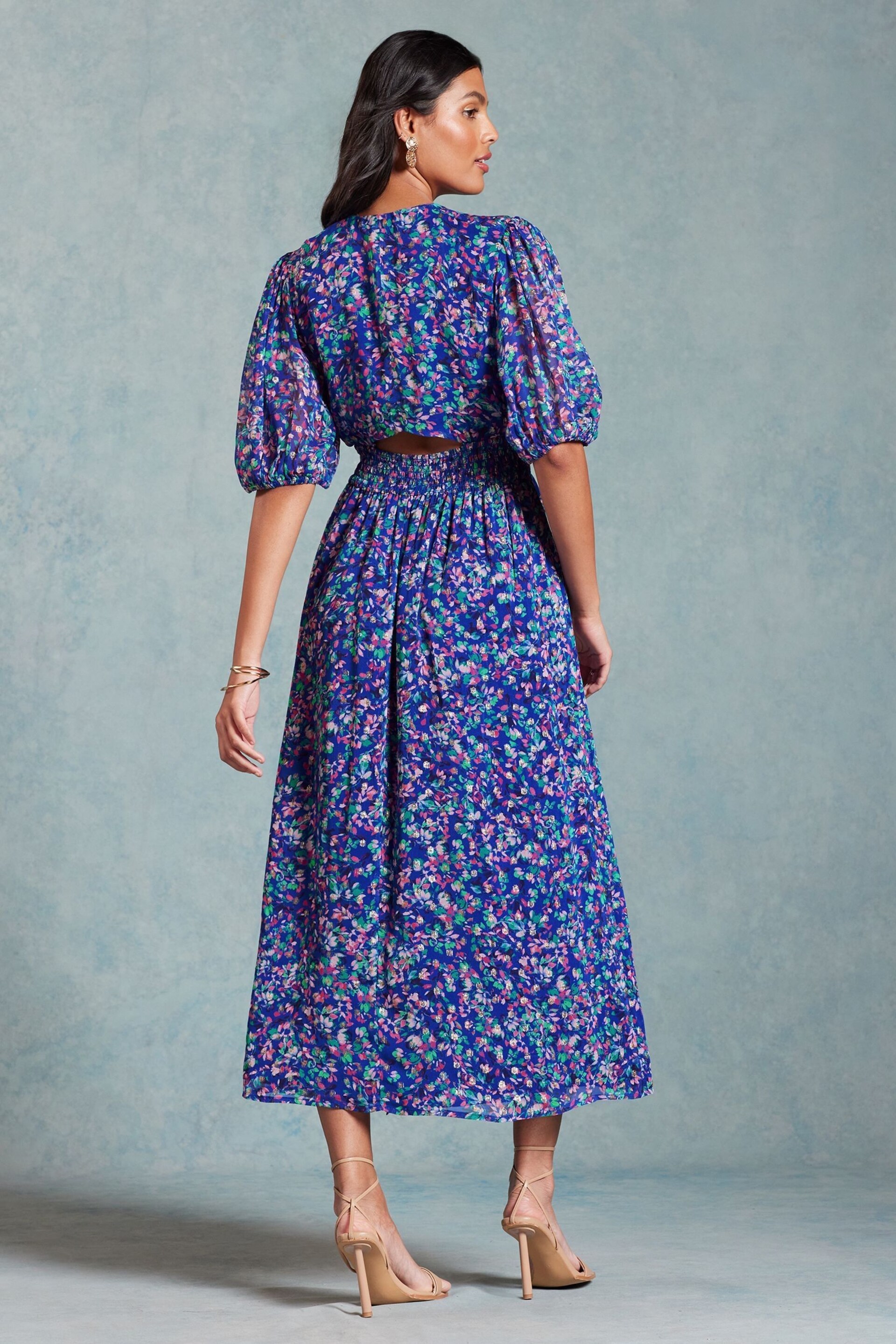 Love & Roses Blue Floral Printed Metallic Puff Sleeve Midi Dress - Image 3 of 4