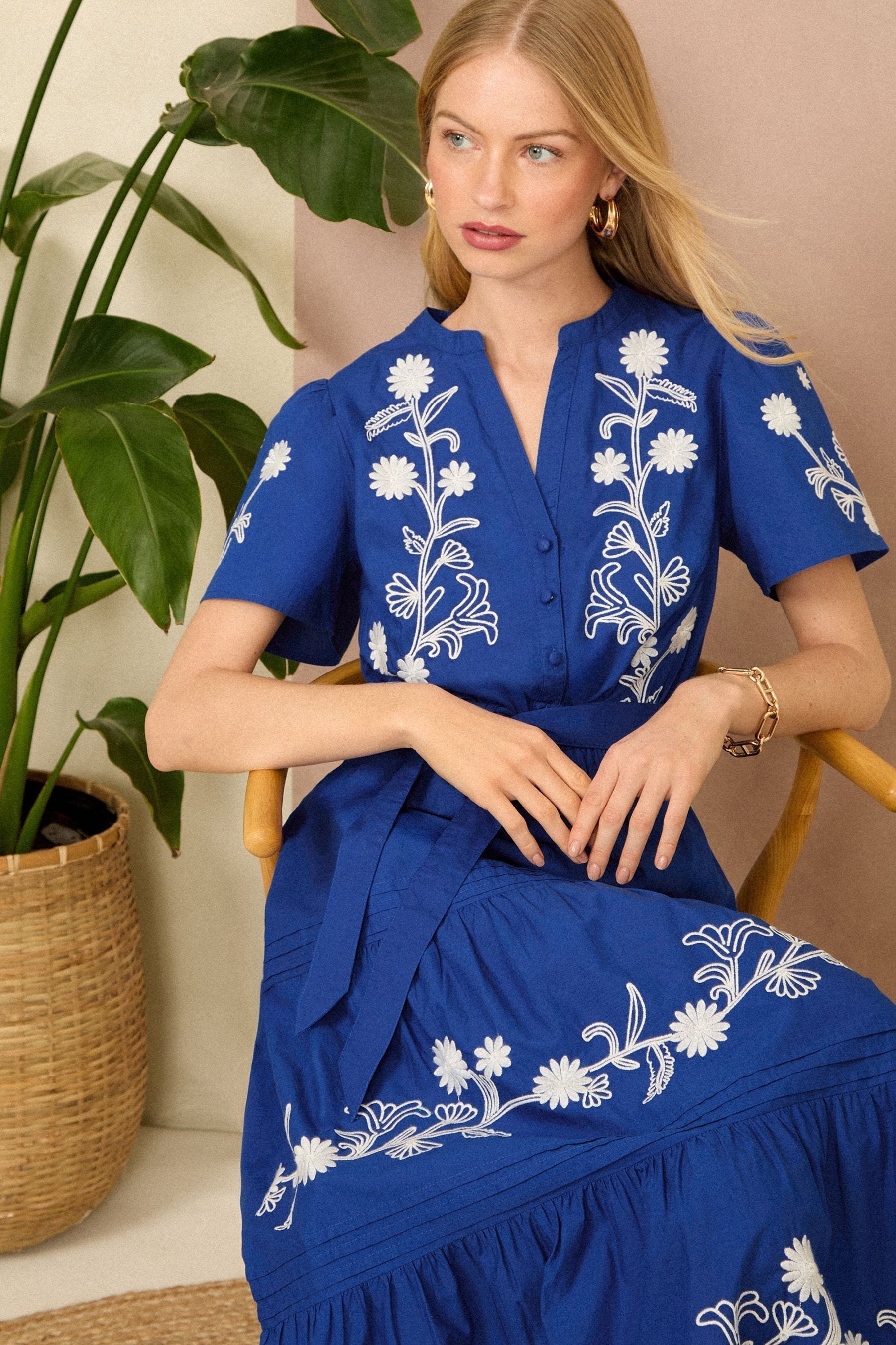 Love Roses Blue and White Embroidered V Neck Button Through Midi Dress