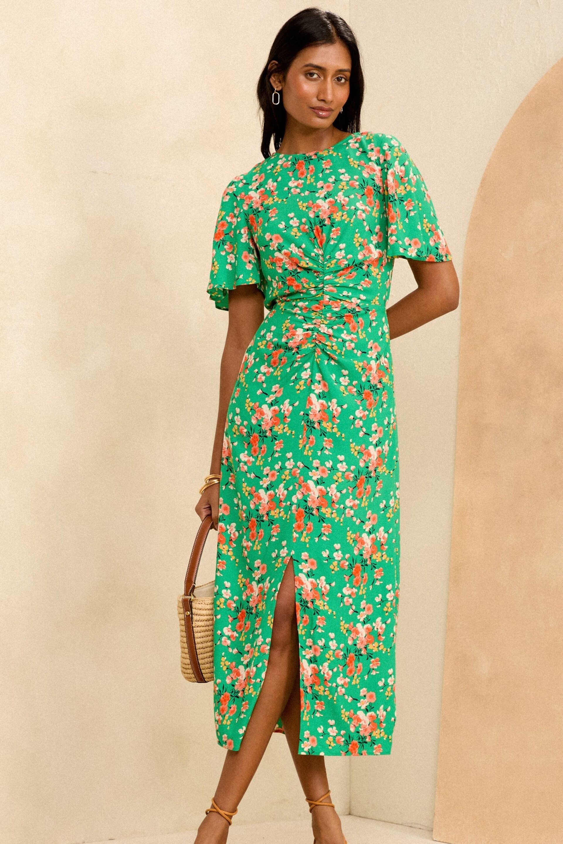 Love & Roses Green Floral Ruched Flutter Sleeve Midi Dress - Image 1 of 4