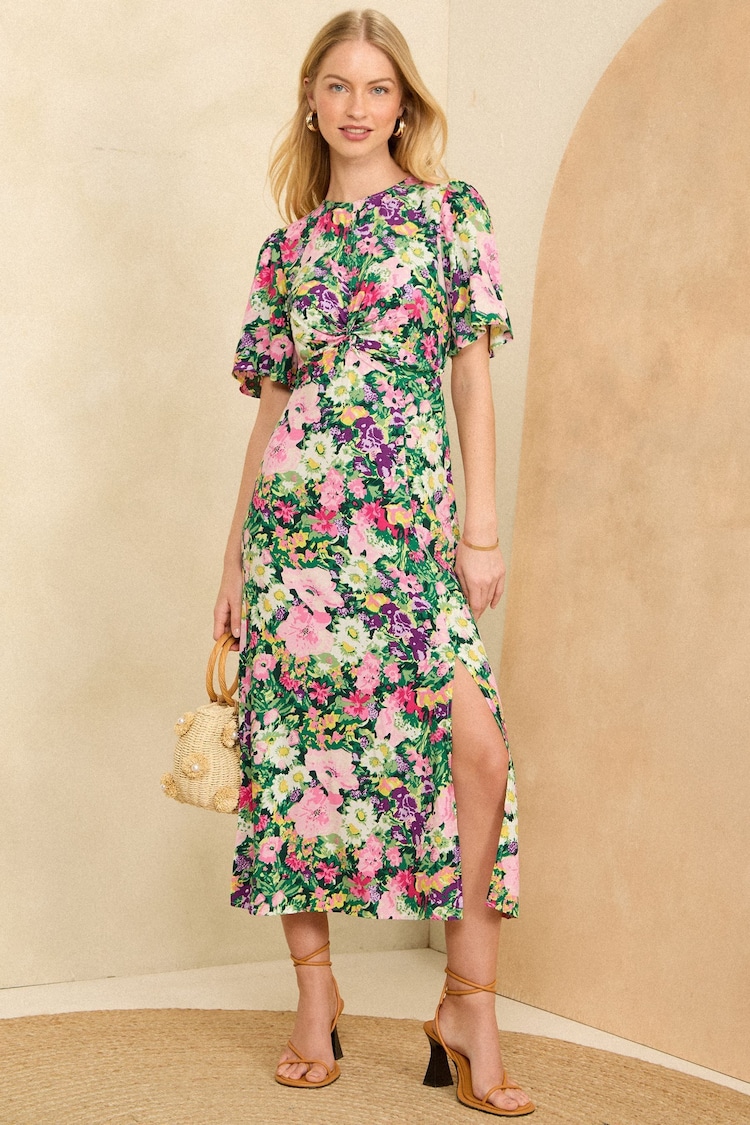 Love & Roses Green Floral Flutter Sleeve Twist Detail Midi Dress - Image 1 of 4