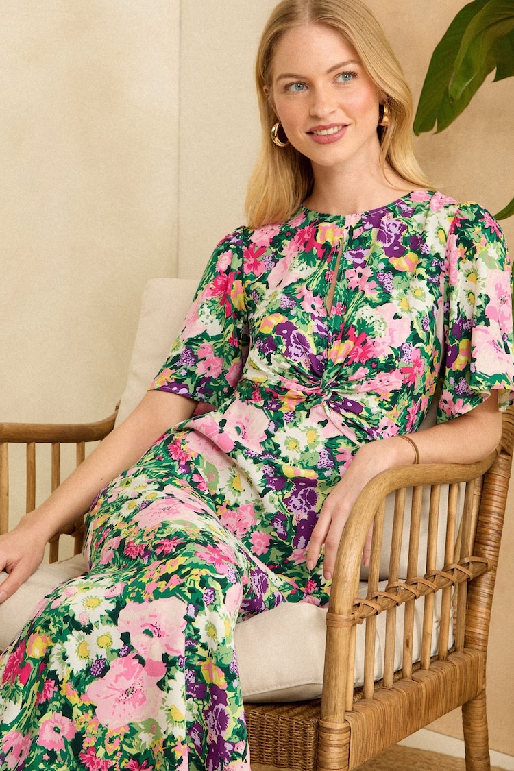 Love & Roses Green Floral Flutter Sleeve Twist Detail Midi Dress - Image 4 of 4