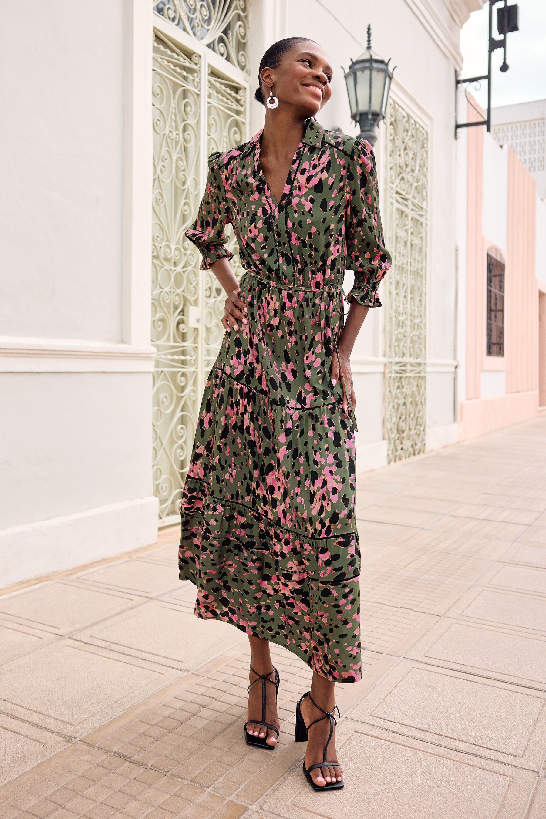 Khaki animal print shirt dress 2025