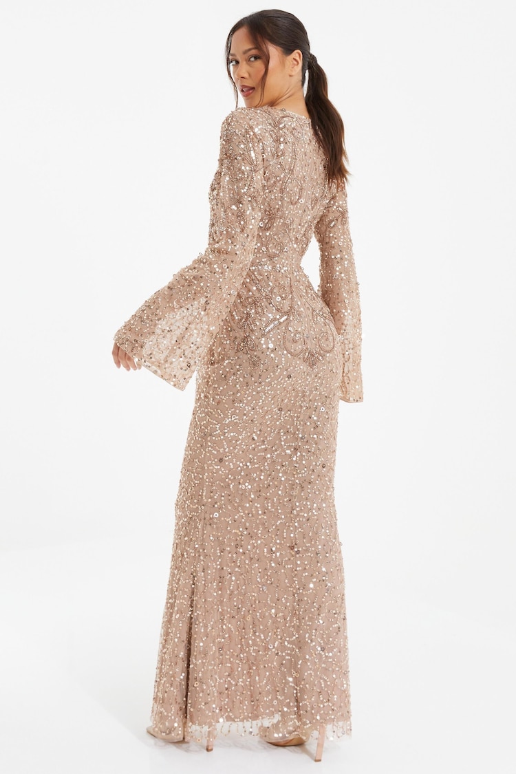 Quiz Rose Gold Sequin Mesh Long Flute Sleeve Maxi Dress - Image 2 of 4