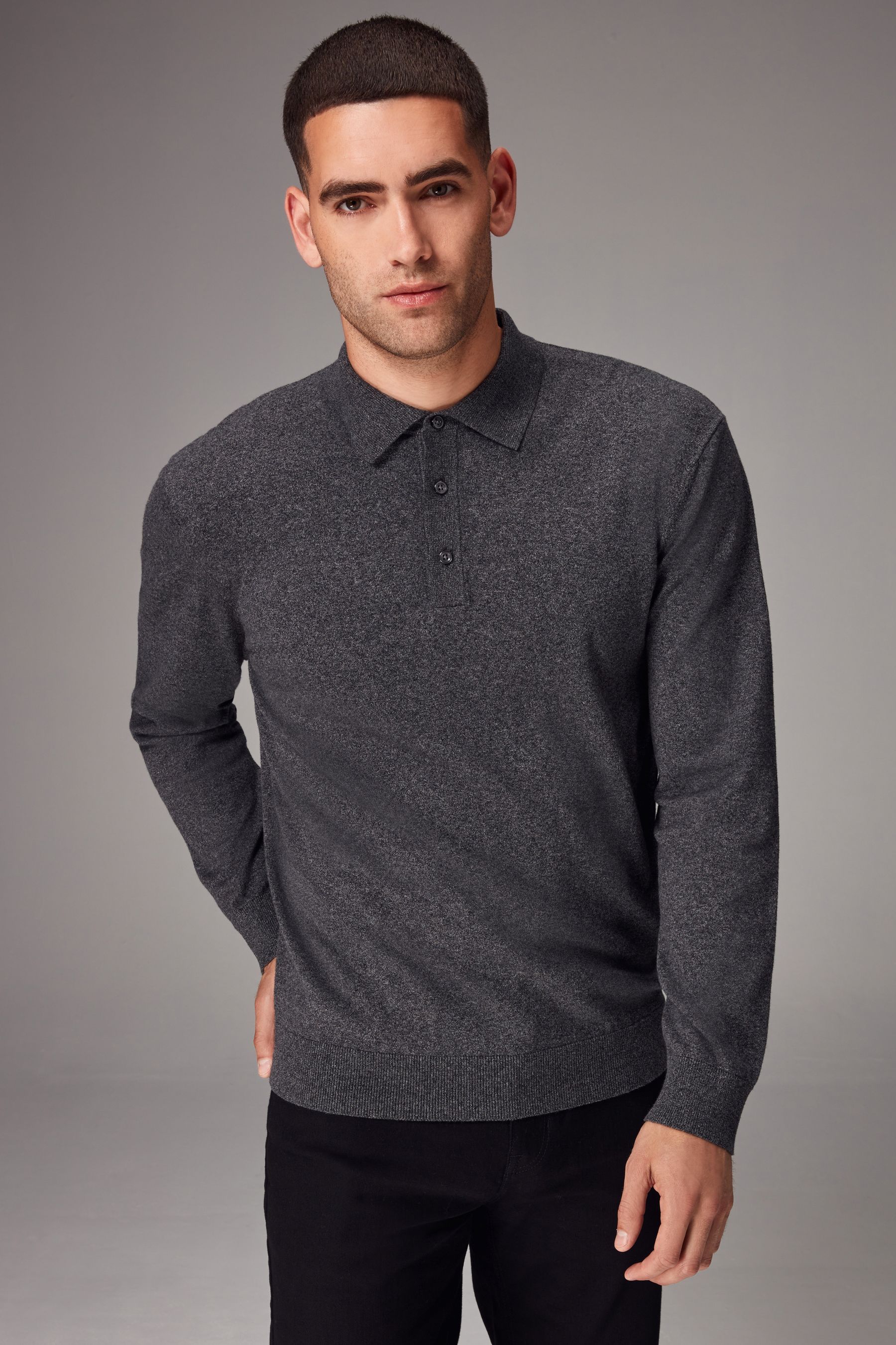 Charcoal Grey Regular Fit Knitted Long Sleeve Polo Shirt
