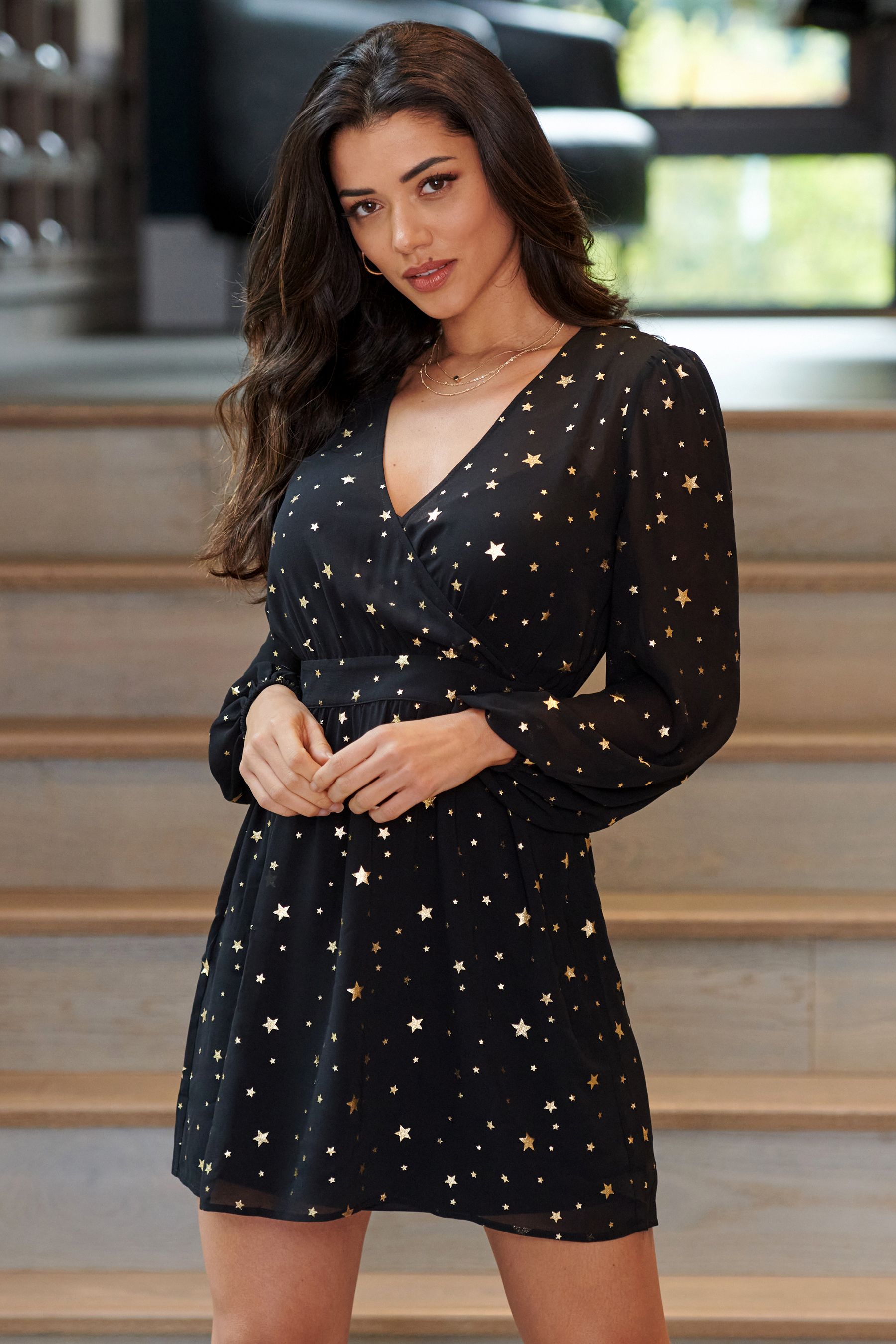 Buy Pour Moi Black Gold Star Fuller Bust Natalya Metallic Star Chiffon Puff Sleeve Dress from Next Luxembourg