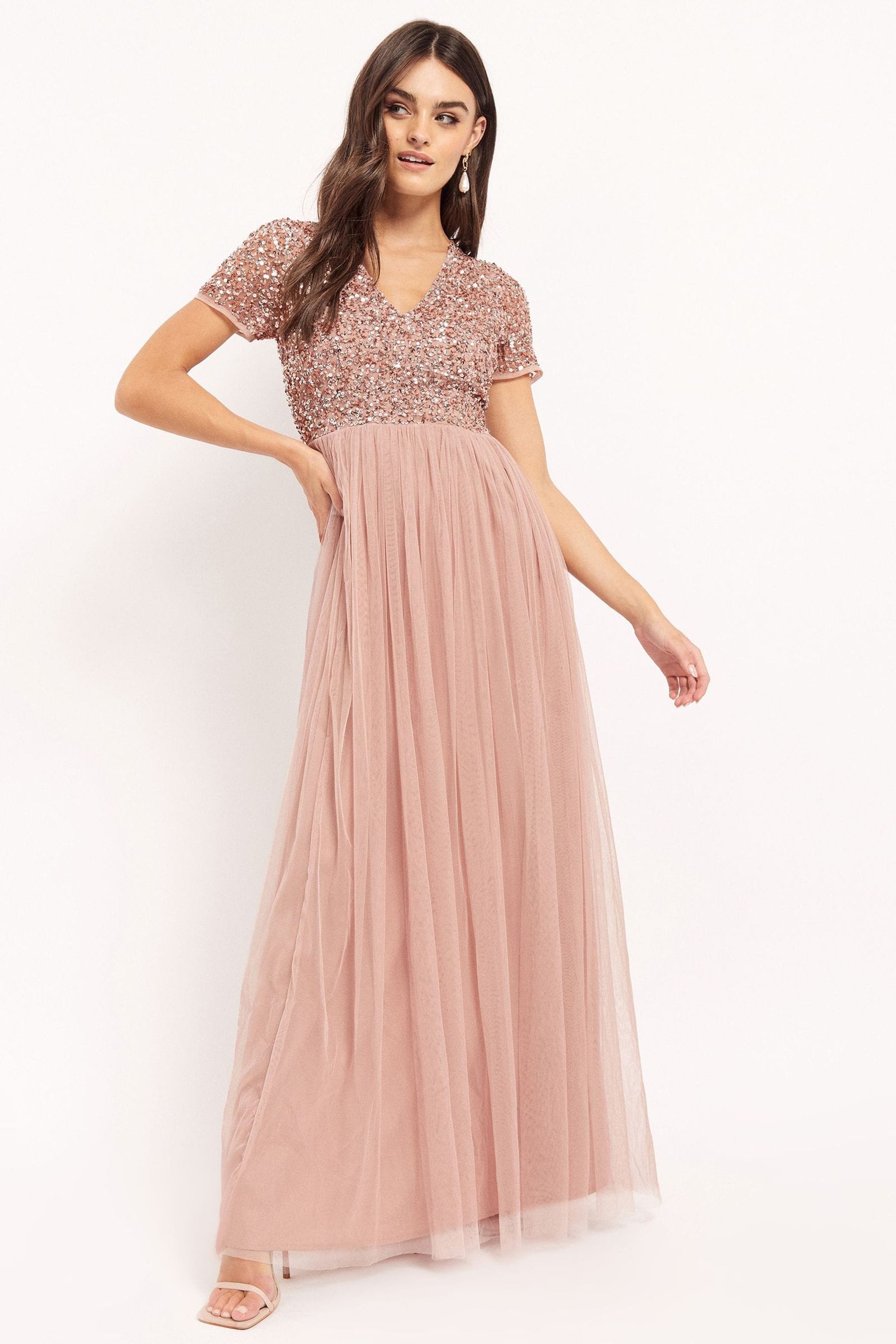 Buy Maya Pink V Neck Short Sleeve Sequin Maxi Dress from Next Luxembourg