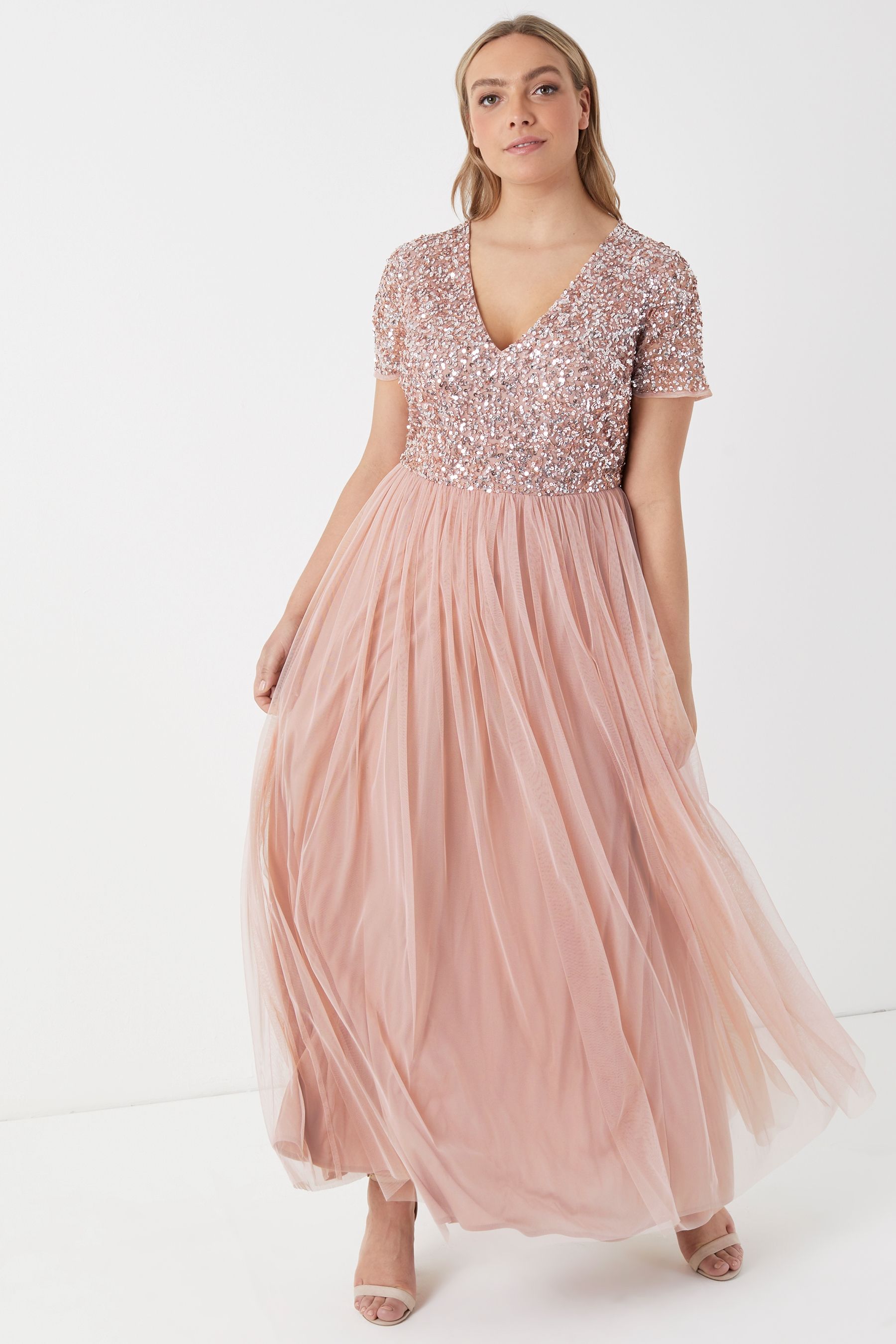 Buy Maya Pink Curve V Neck Short Sleeve Sequin Maxi Dress from Next Luxembourg