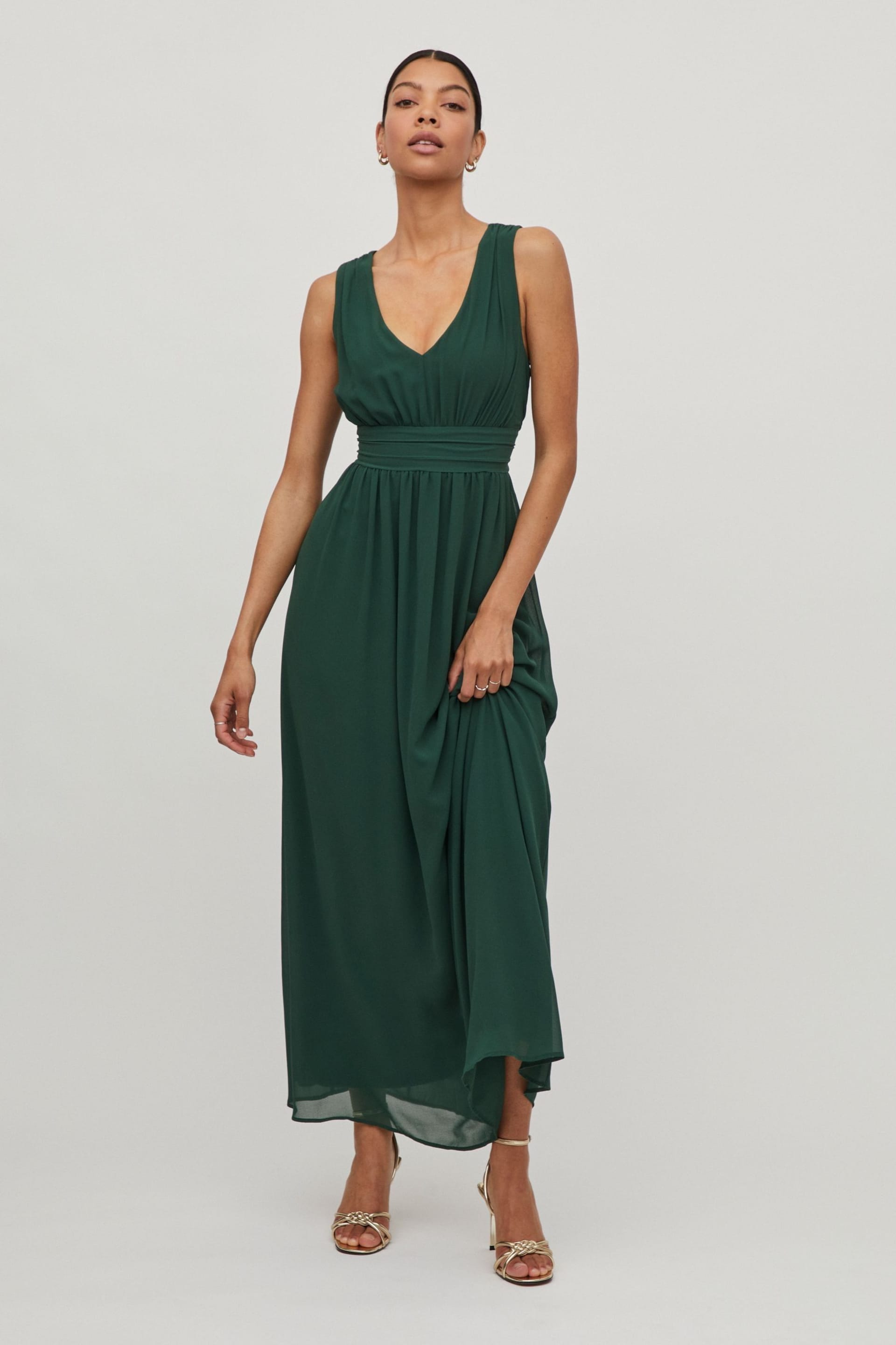 Vila Green Sleeveless V Neck Tulle Maxi Dress - Image 5 of 5