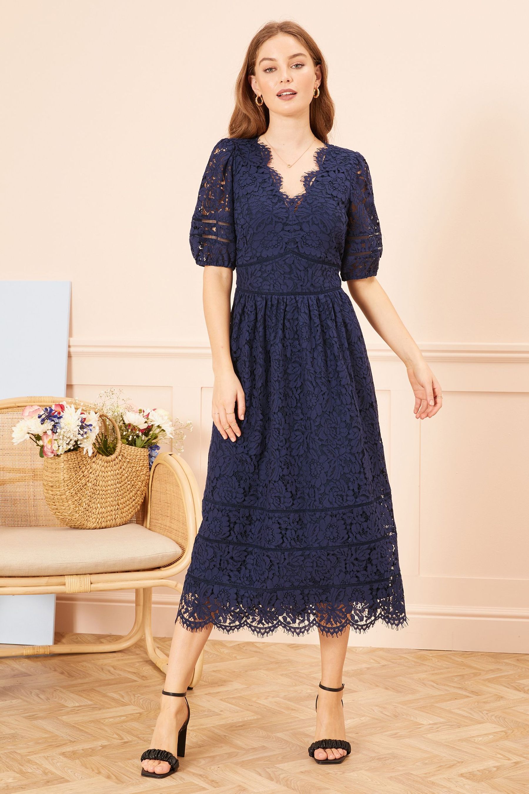 Lace ladder detail midi dress outlet