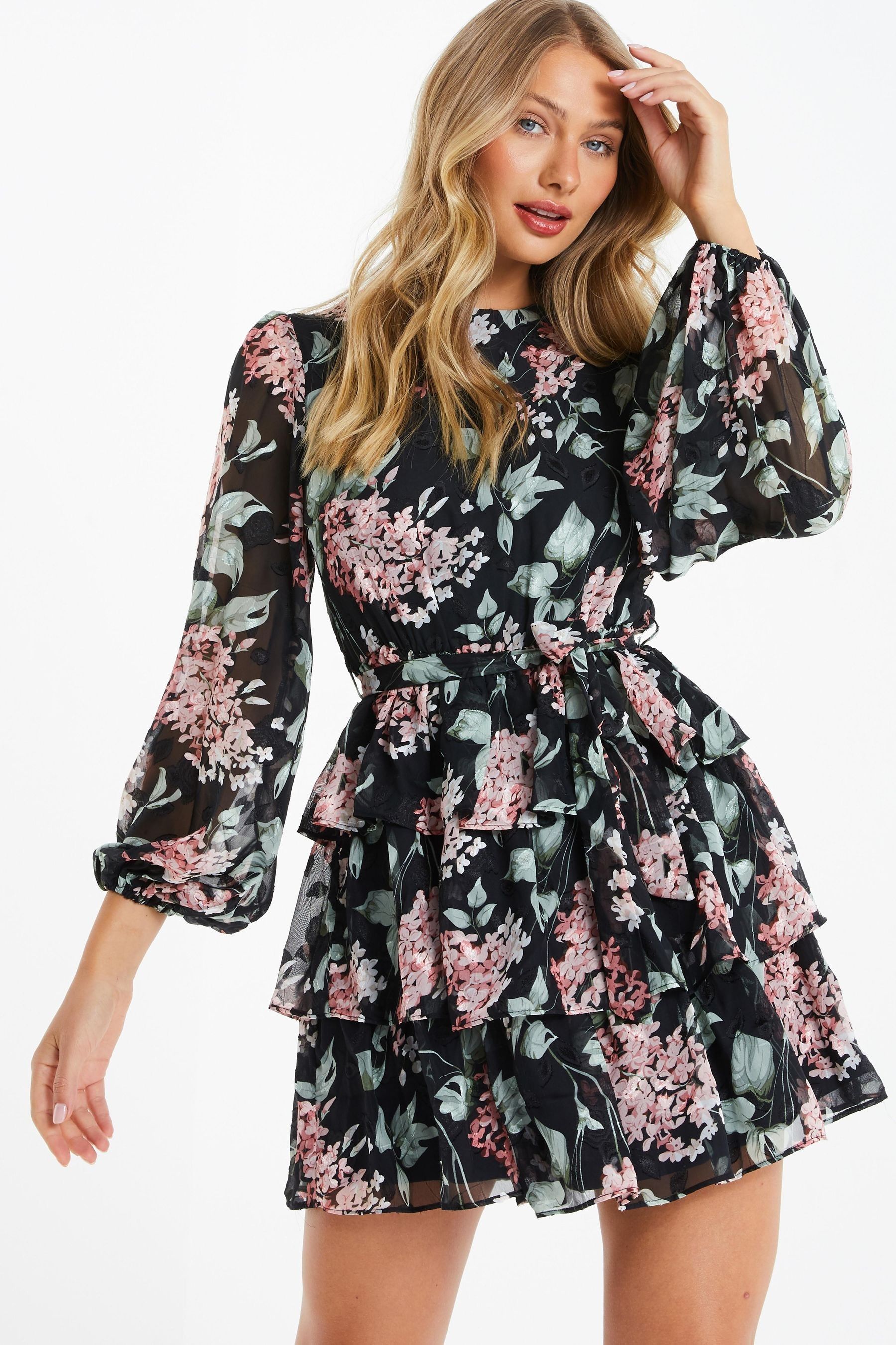 Buy Quiz Black Floral Tiered Skater Dress from Next Luxembourg