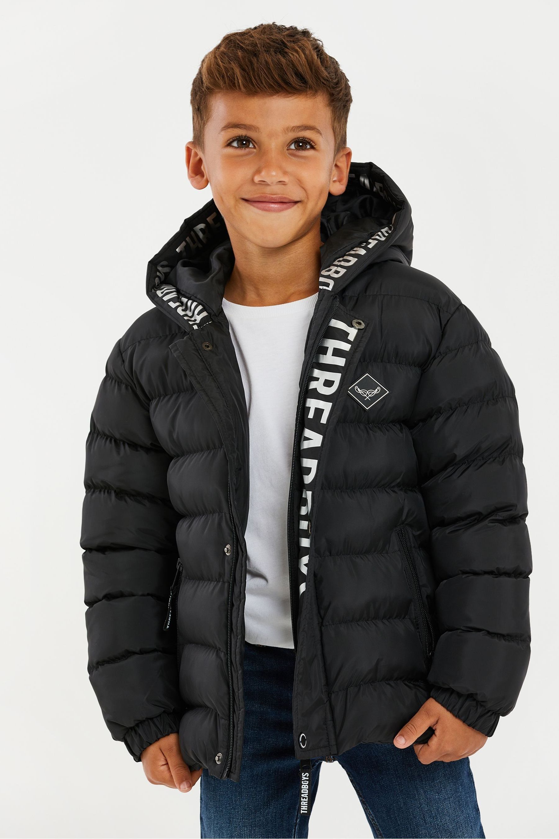 Buy Threadboys Black Hooded Padded Jacket from Next Luxembourg