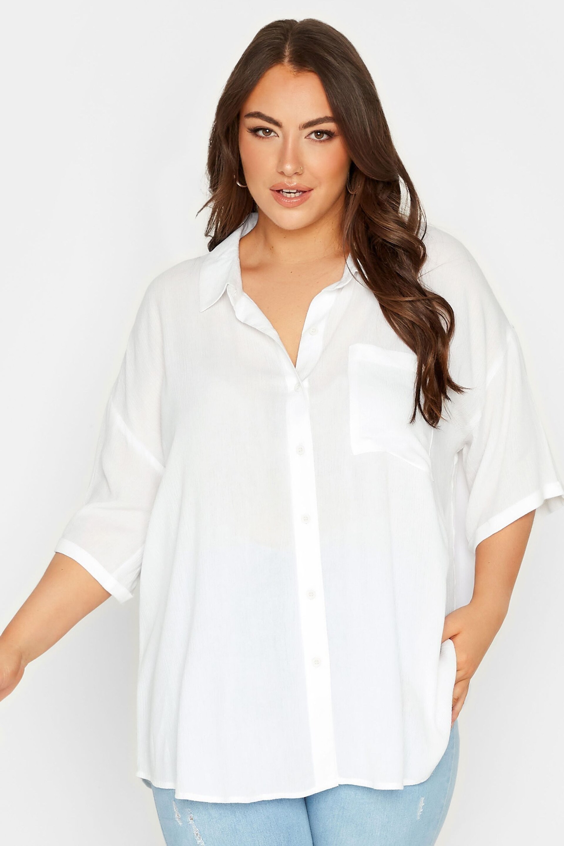 Yours Curve White Short Sleeve Crinkle Shirt - Image 1 of 4