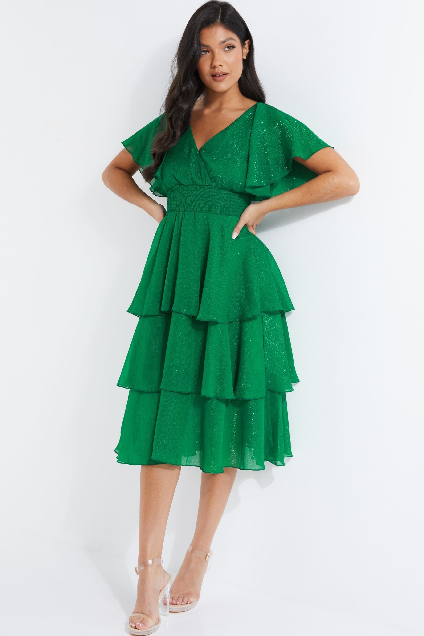 Buy Quiz Green Glitter Chiffon Tiered Midi Dress from Next Luxembourg
