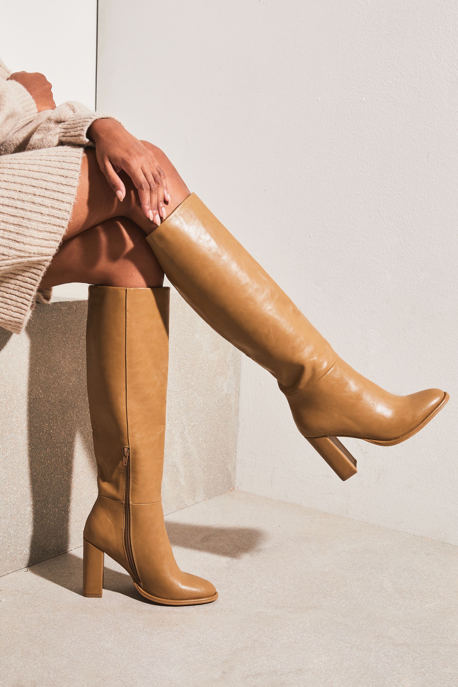 Brown mid heel knee high boots discount