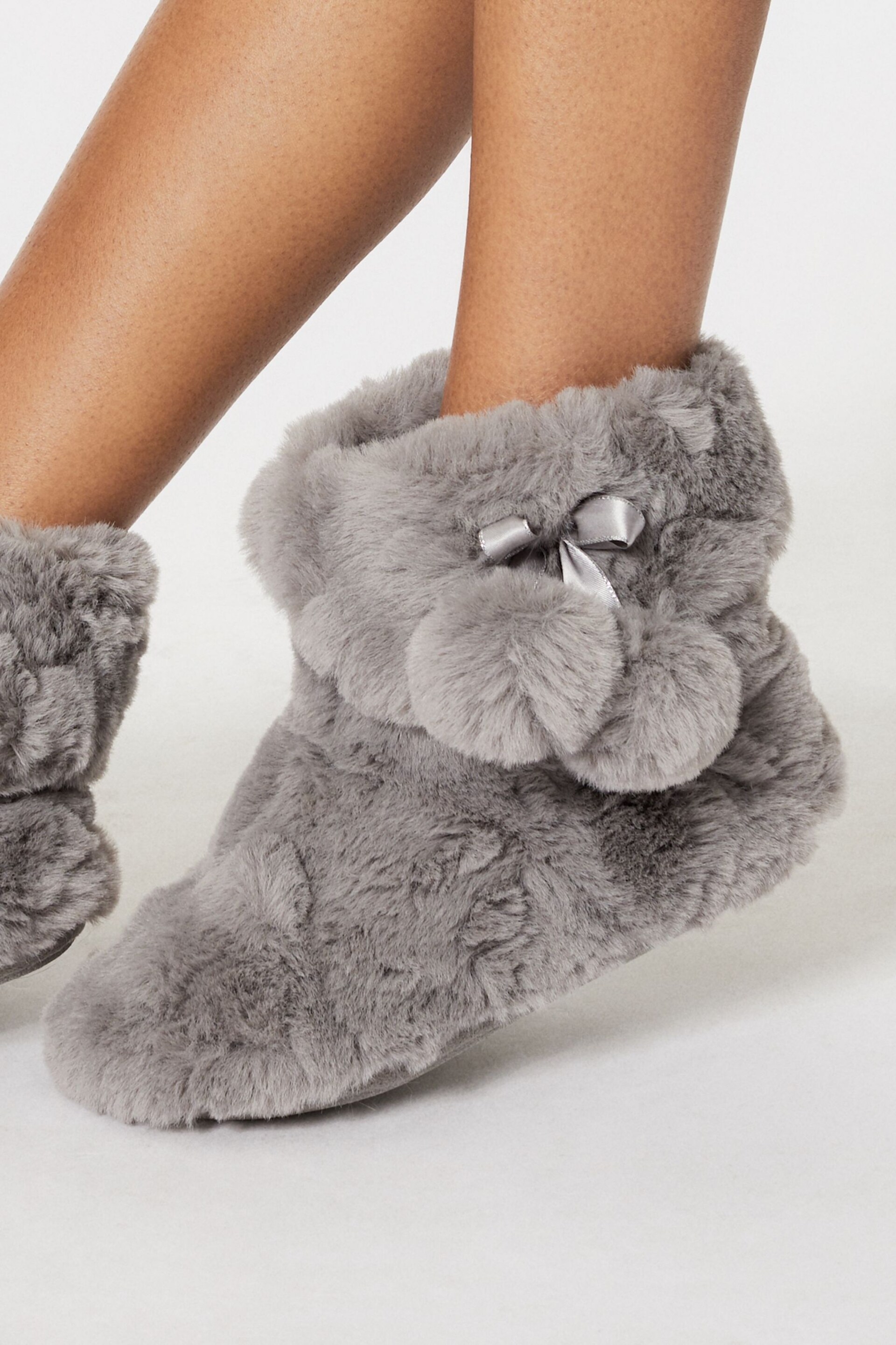 Lipsy Grey Faux Fur Pom Bootie Slippers - Image 3 of 3