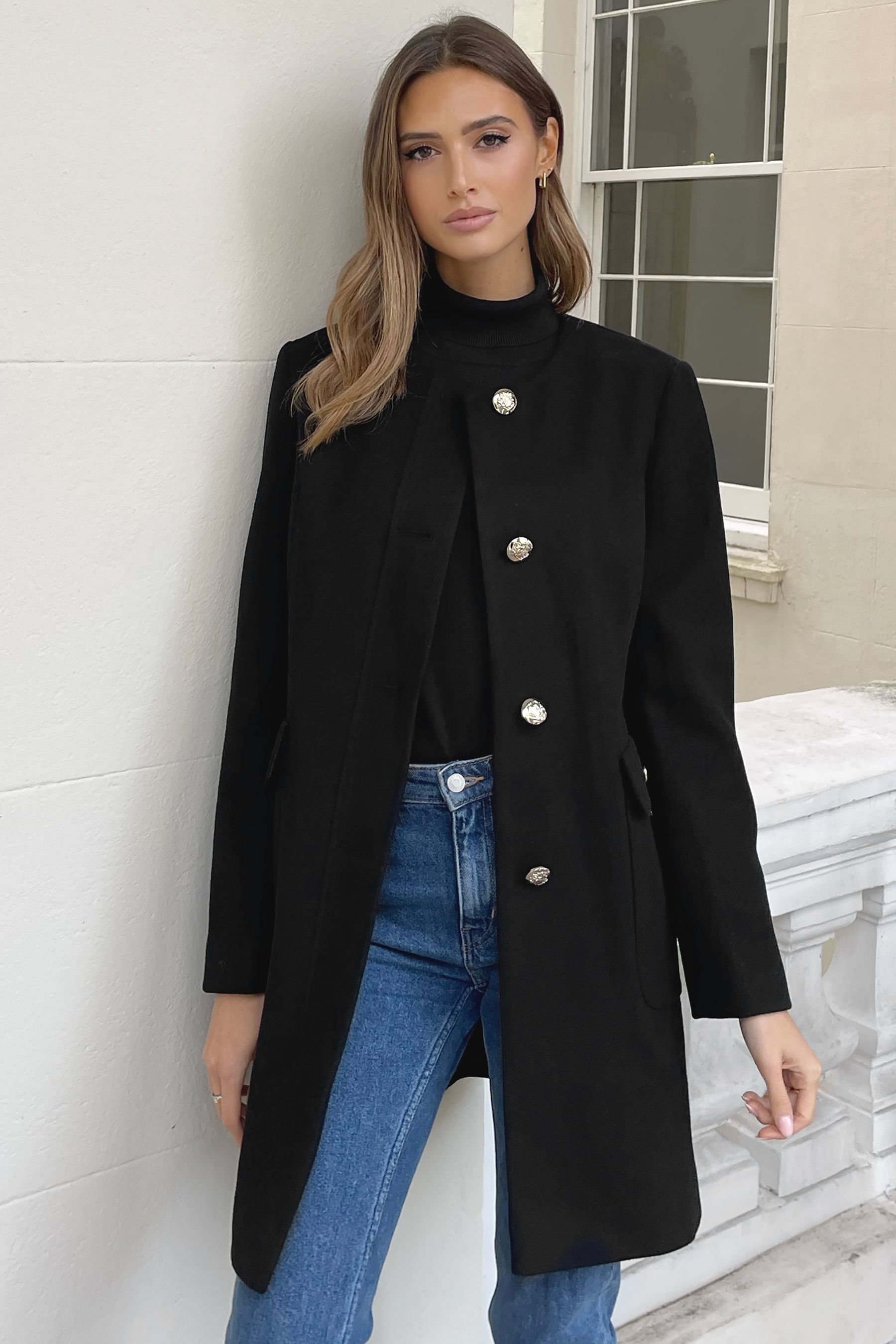 Collarless peacoat shop