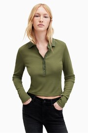 AllSaints Green Hallie Long Sleeve Polo Shirt - Image 1 of 8
