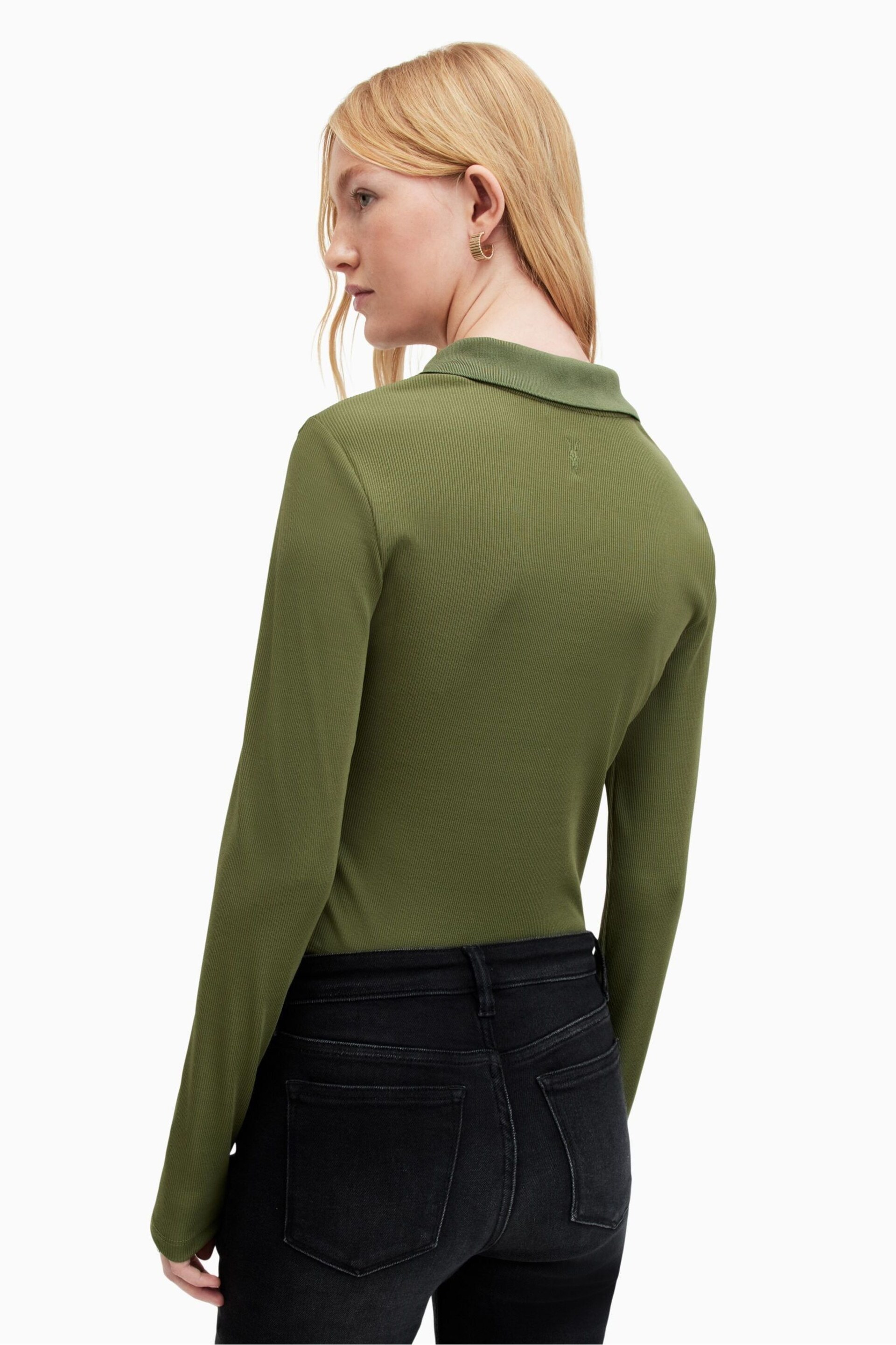 AllSaints Green Hallie Long Sleeve Polo Shirt - Image 2 of 8