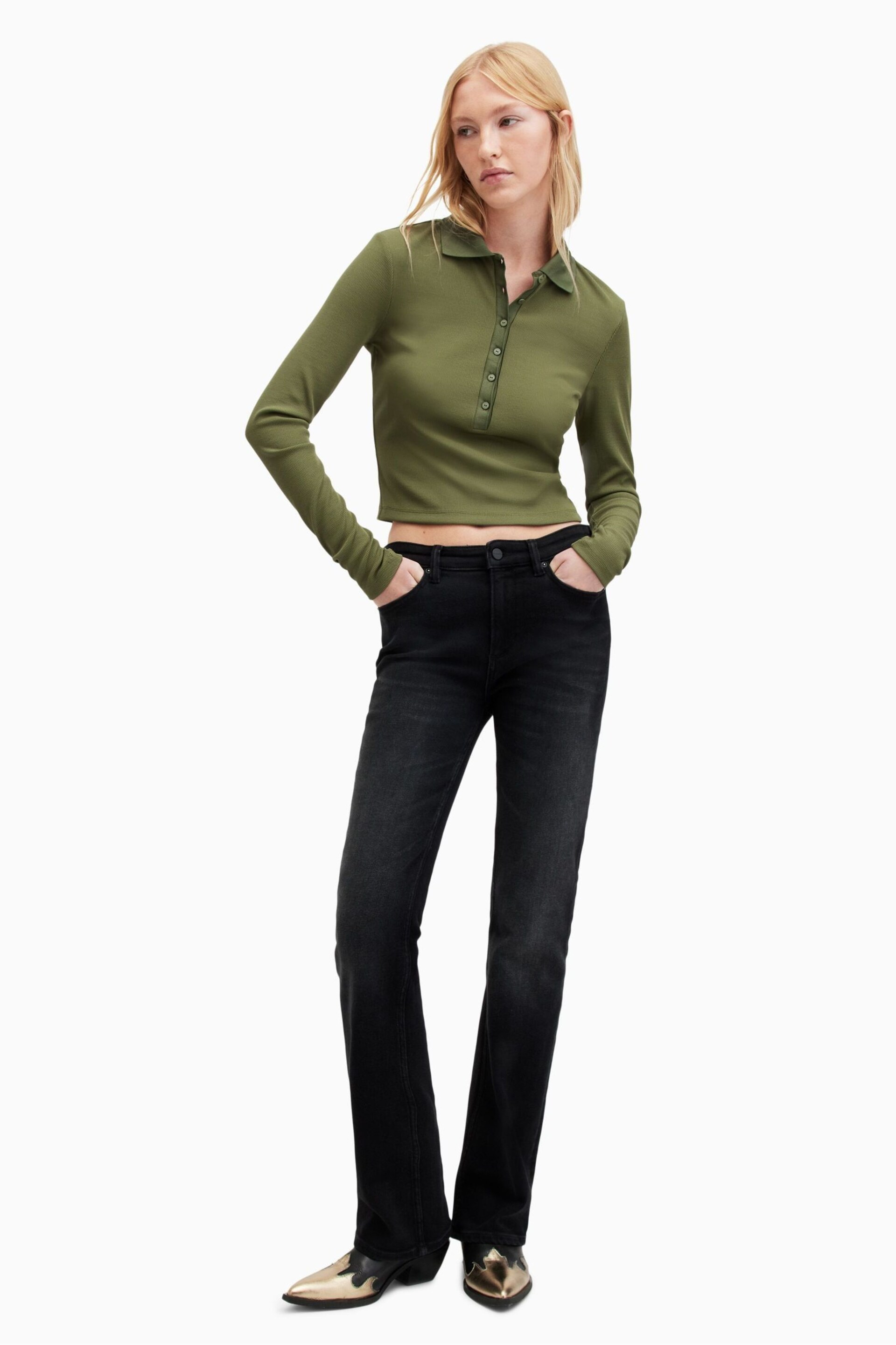 AllSaints Green Hallie Long Sleeve Polo Shirt - Image 3 of 8