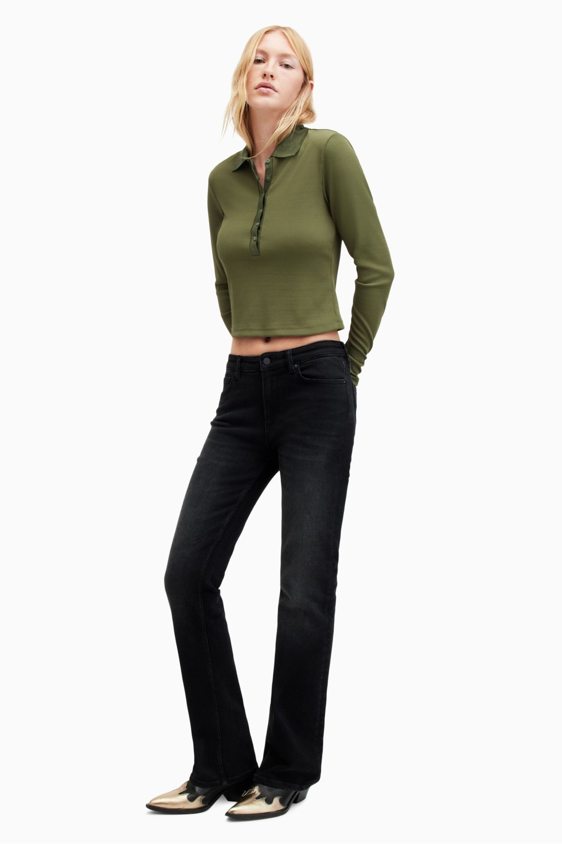 AllSaints Green Hallie Long Sleeve Polo Shirt - Image 5 of 8