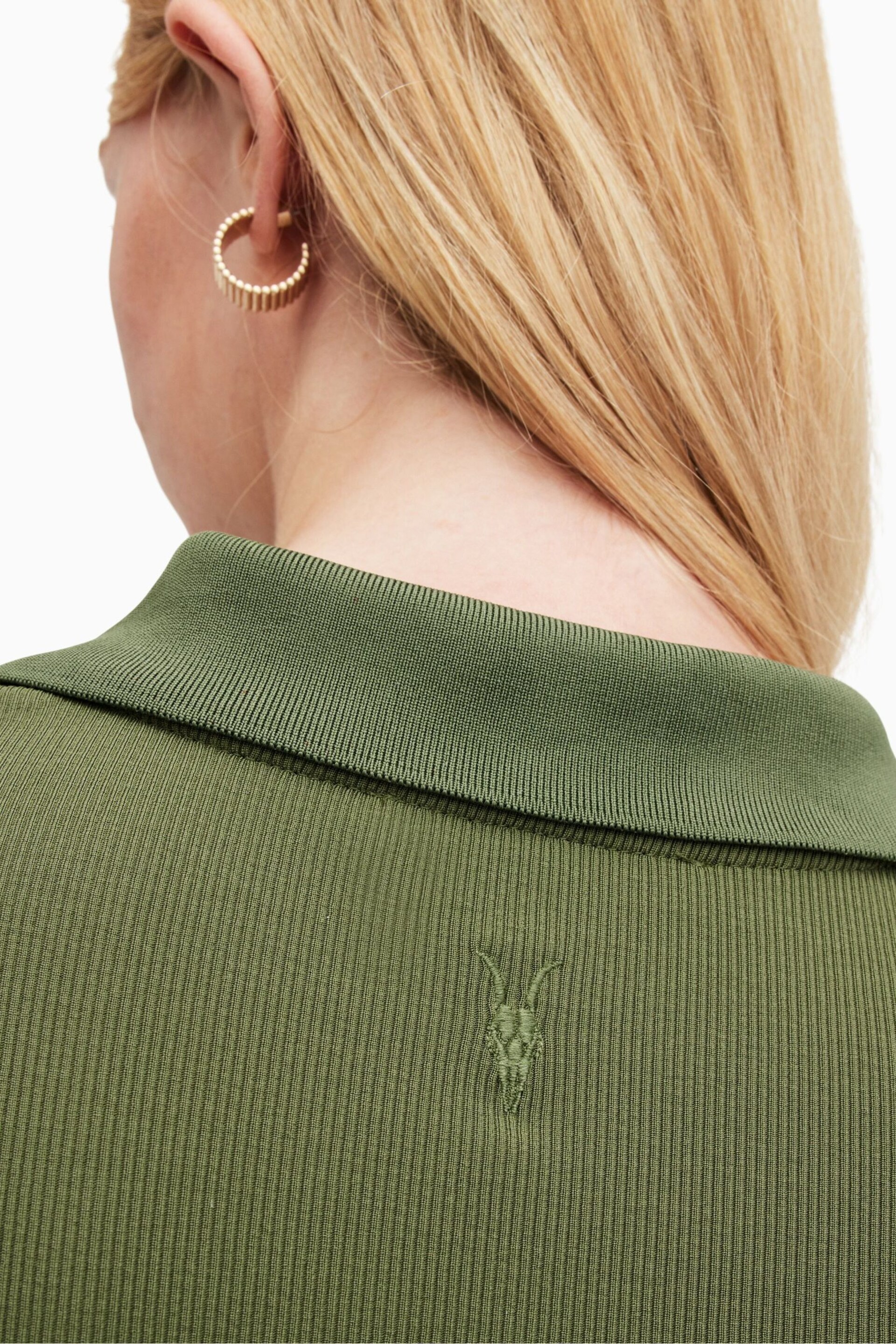 AllSaints Green Hallie Long Sleeve Polo Shirt - Image 7 of 8
