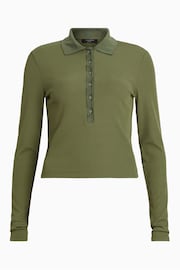 AllSaints Green Hallie Long Sleeve Polo Shirt - Image 8 of 8