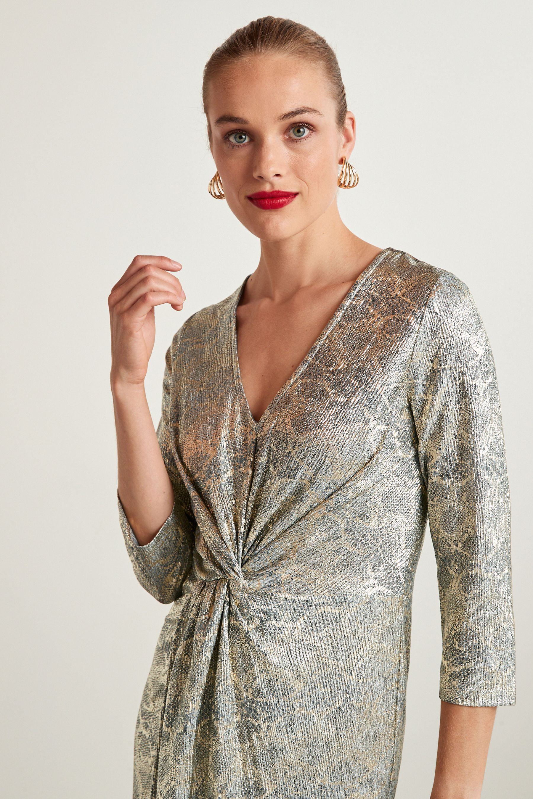 Buy Gold Metallic Snake Knot Front Midi Dress from Next Lithuania