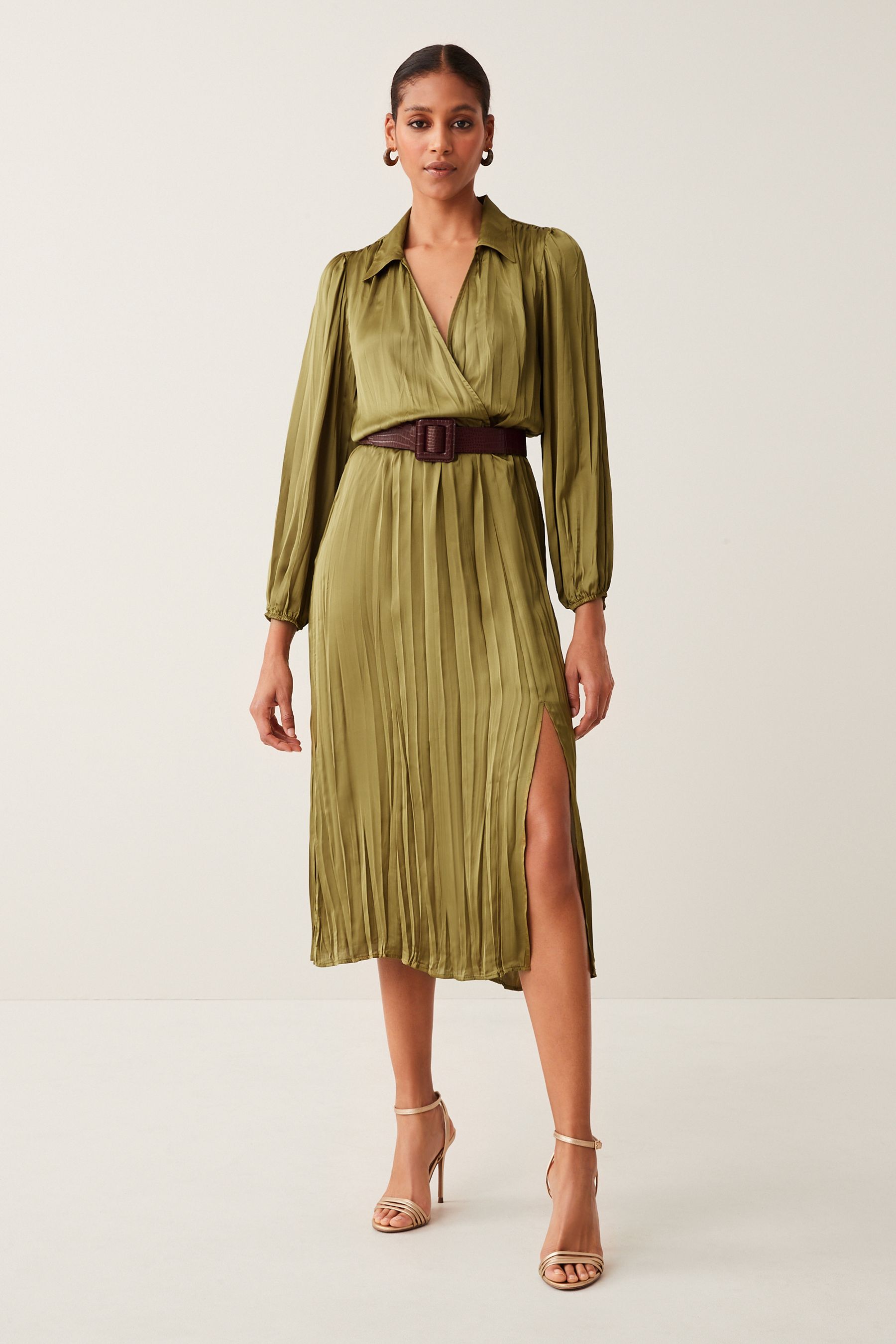 Green satin wrap midi dress online
