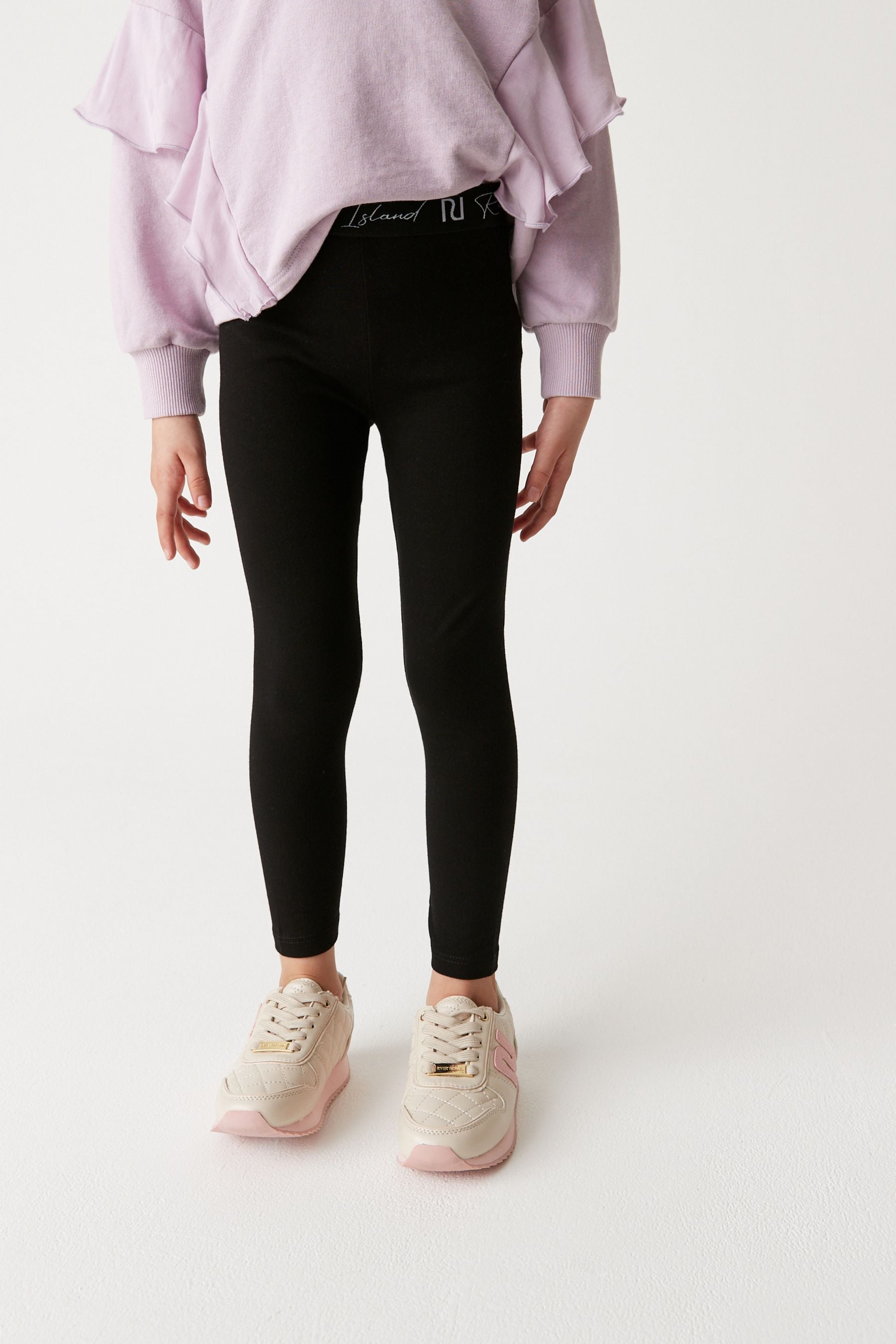 River Island Girls Black Monogram Waistband Leggings