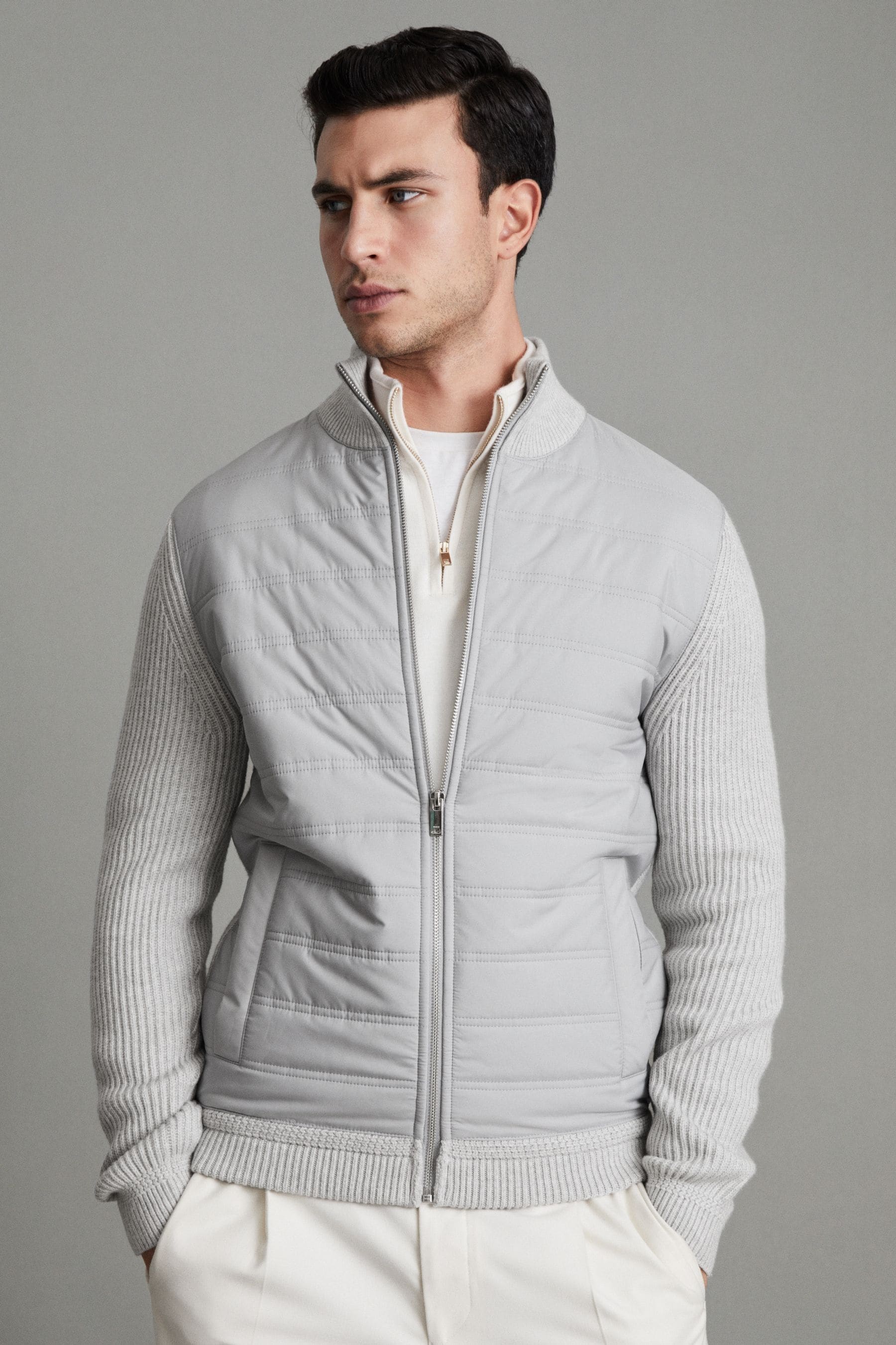 Buy Reiss Soft Grey Trainer Hybrid Quilt and Knit Zip Through Jacket from the Next UK online shop