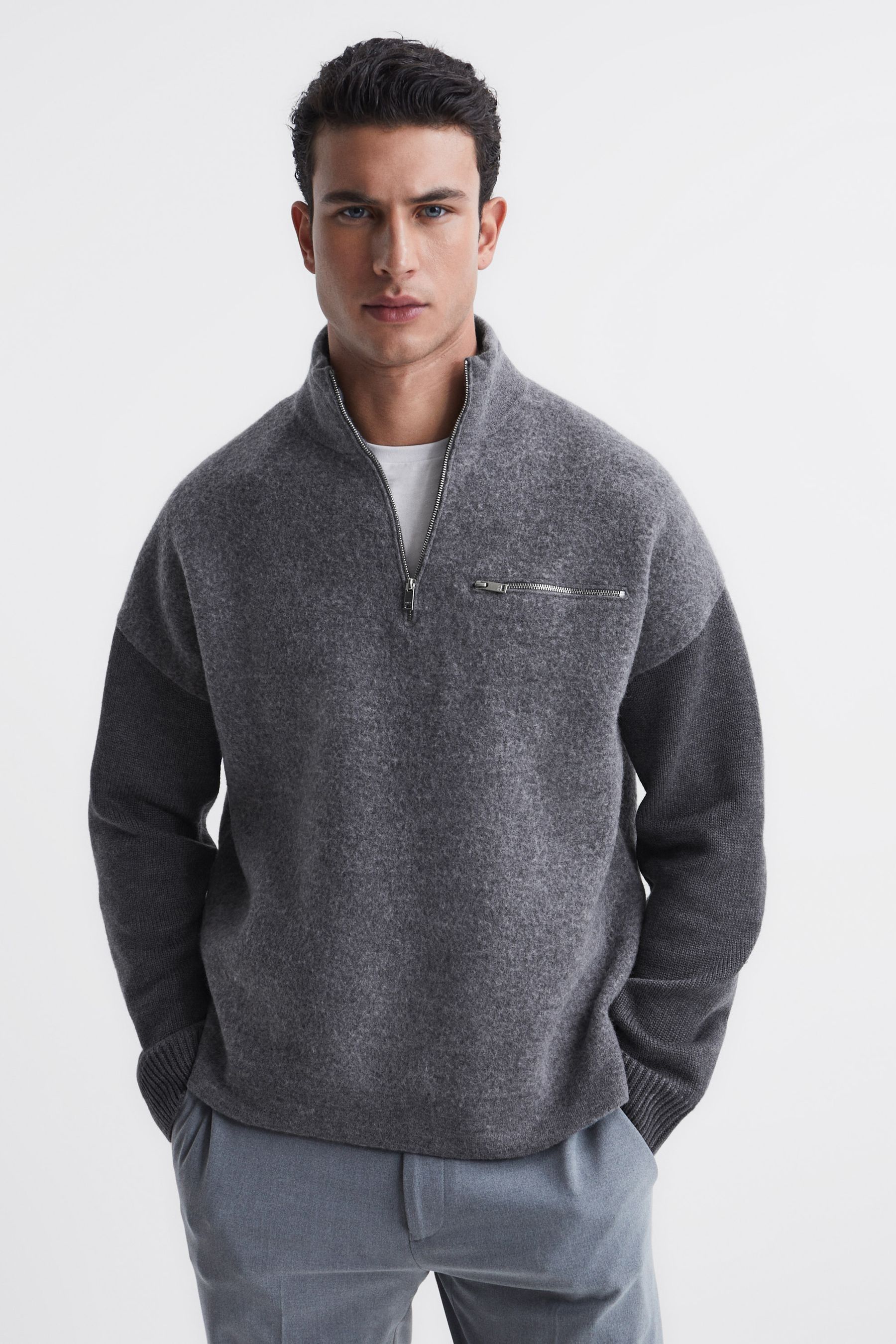 Buy Reiss Grey Plaza Relaxed Fit Hybrid Funnel Jumper from the Next UK online shop