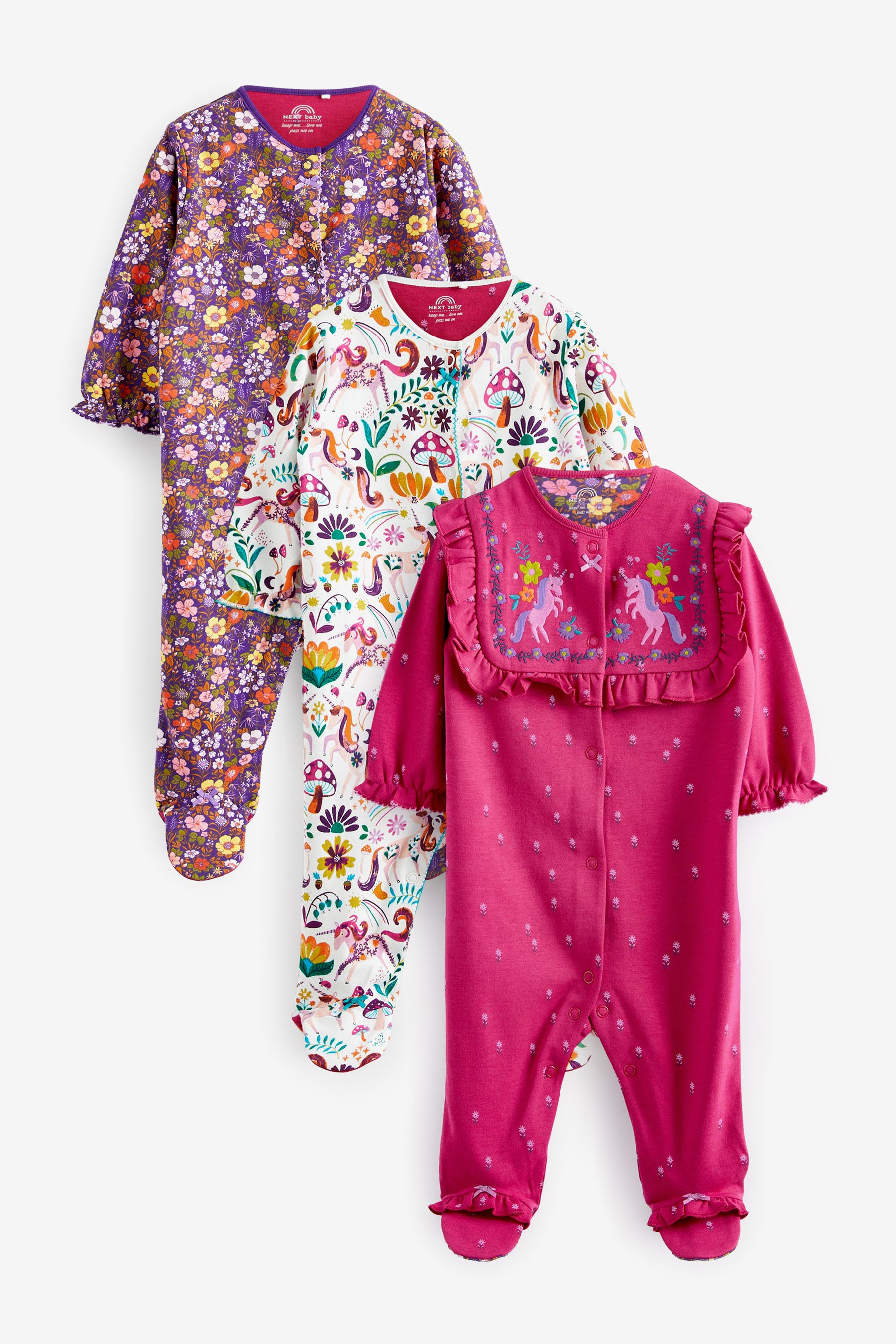 Buy Raspberry Unicorn Baby Embroidered Detail Sleepsuits 3 Pack 0 2yrs from Next Luxembourg