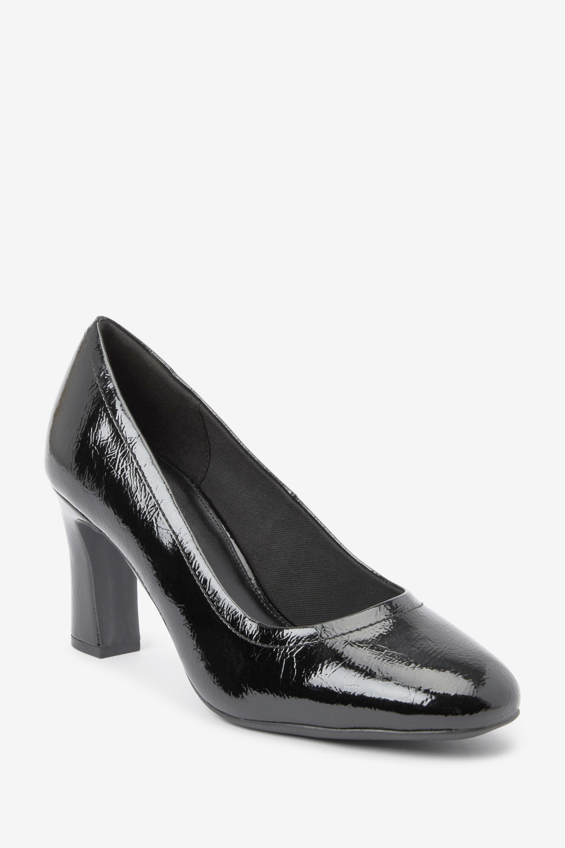 Black Patent Regular Wide Fit Forever Comfort Round Toe Block Heel Court Shoes