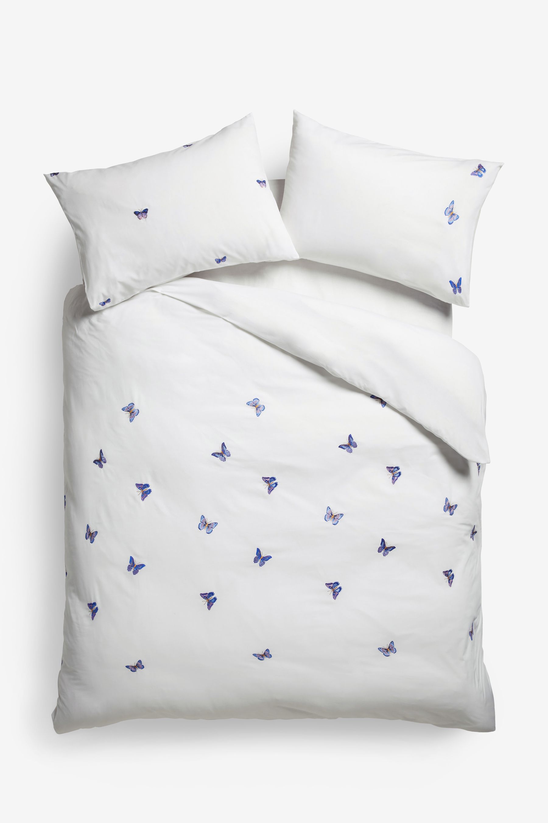Buy White Blue Embroidered Butterfly Duvet Cover and Pillowcase Set from Next Luxembourg