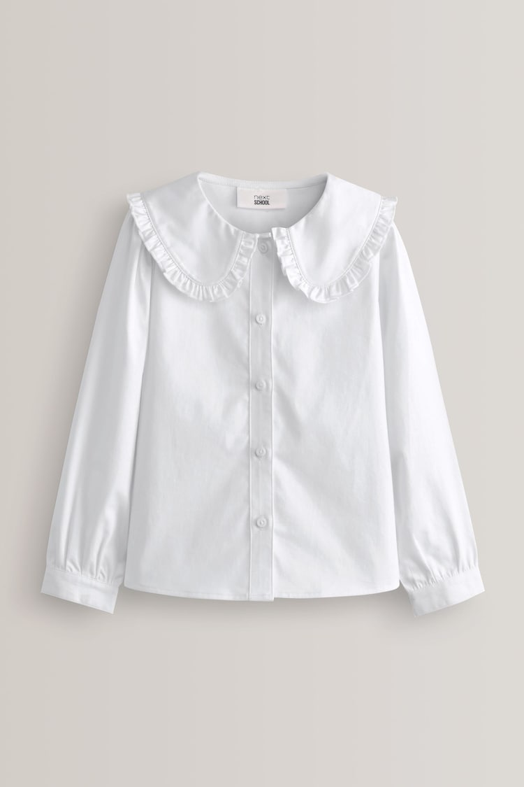 White Cotton Stretch Pretty Collar Long Sleeve School Blouse (3-14yrs) - Image 2 of 6