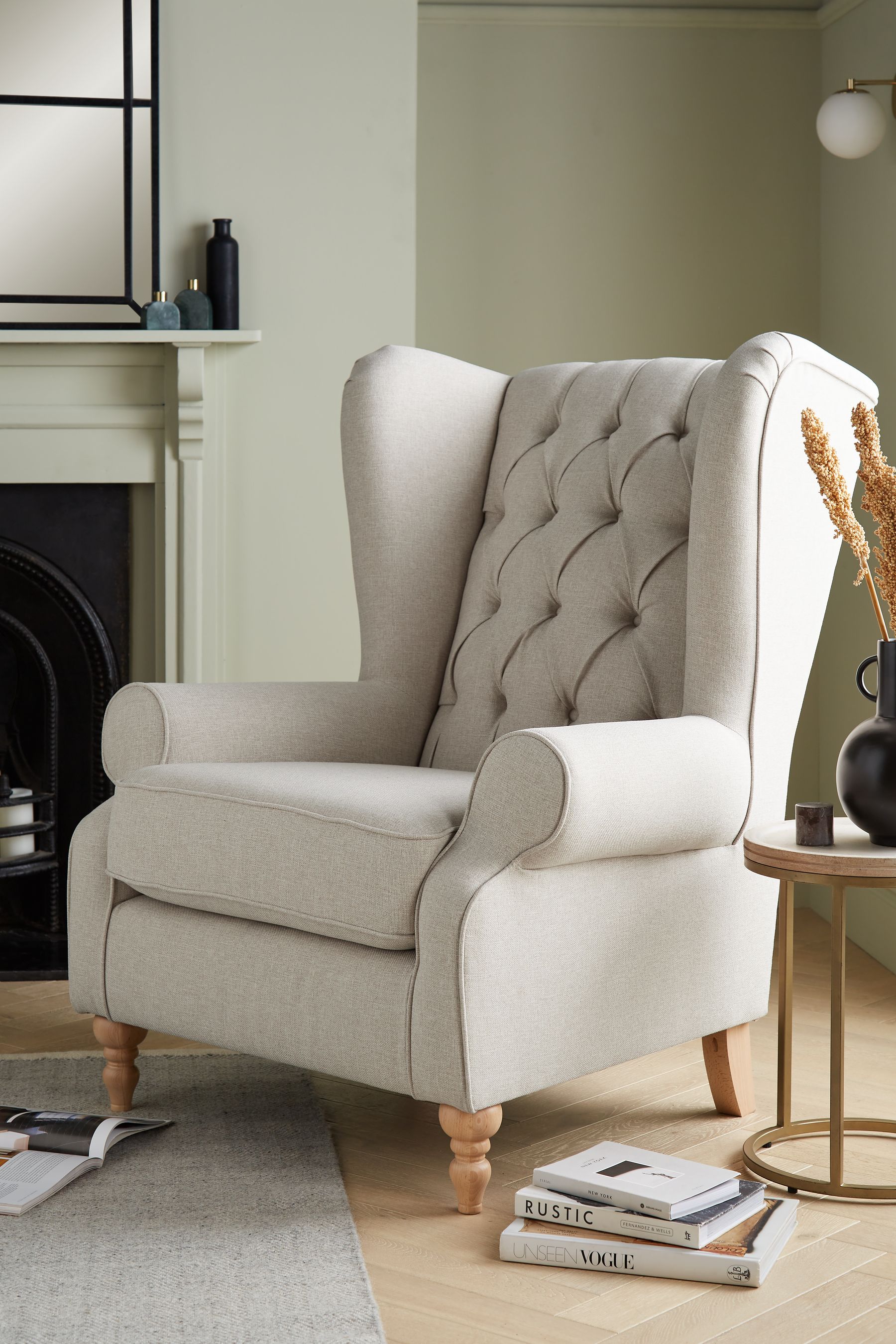 Buy Tweedy Blend Oyster Natural Grande Sherlock Button Armchair from the Next UK online shop