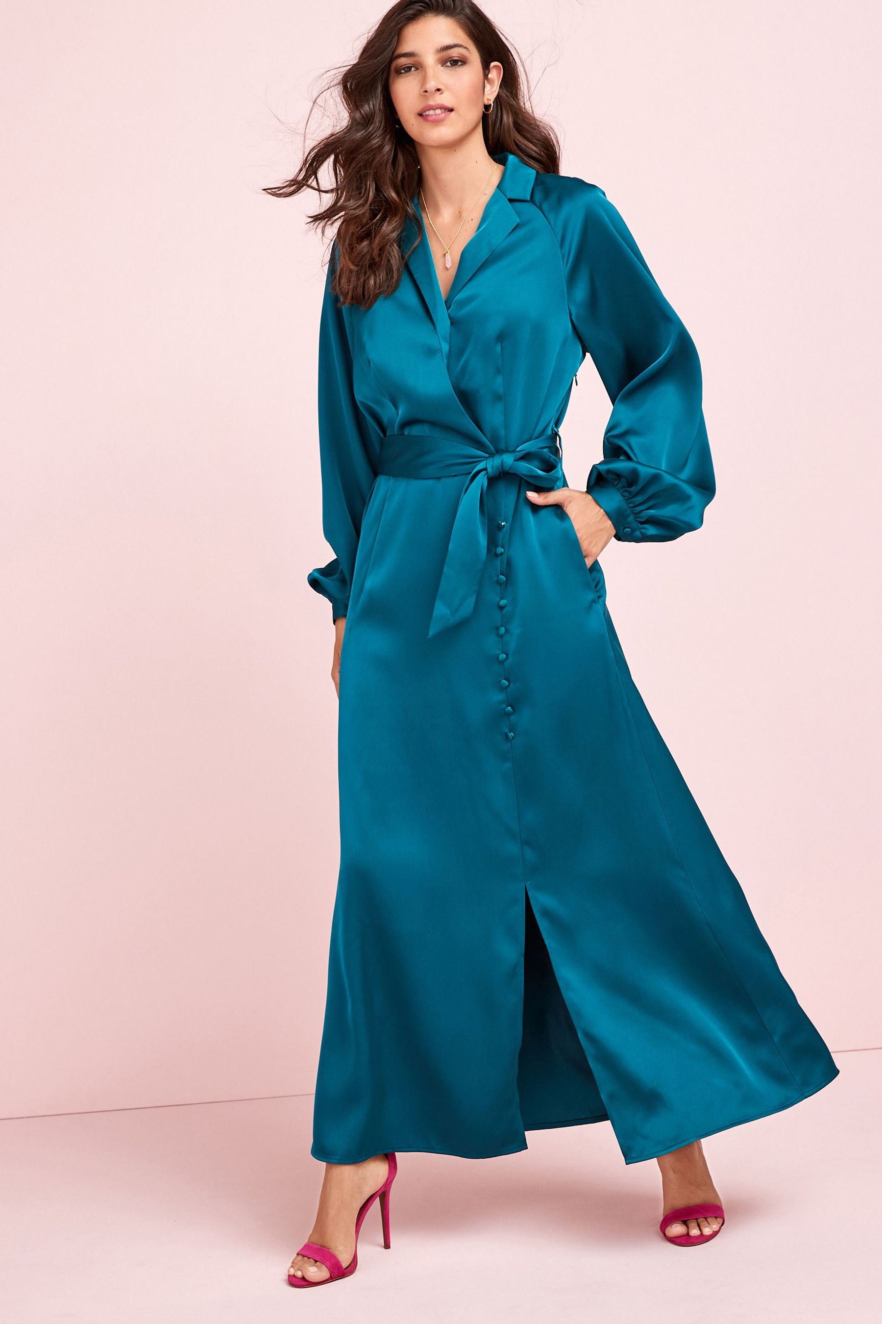 Buy Green Long Sleeve Satin Midi Dress from Next Ireland