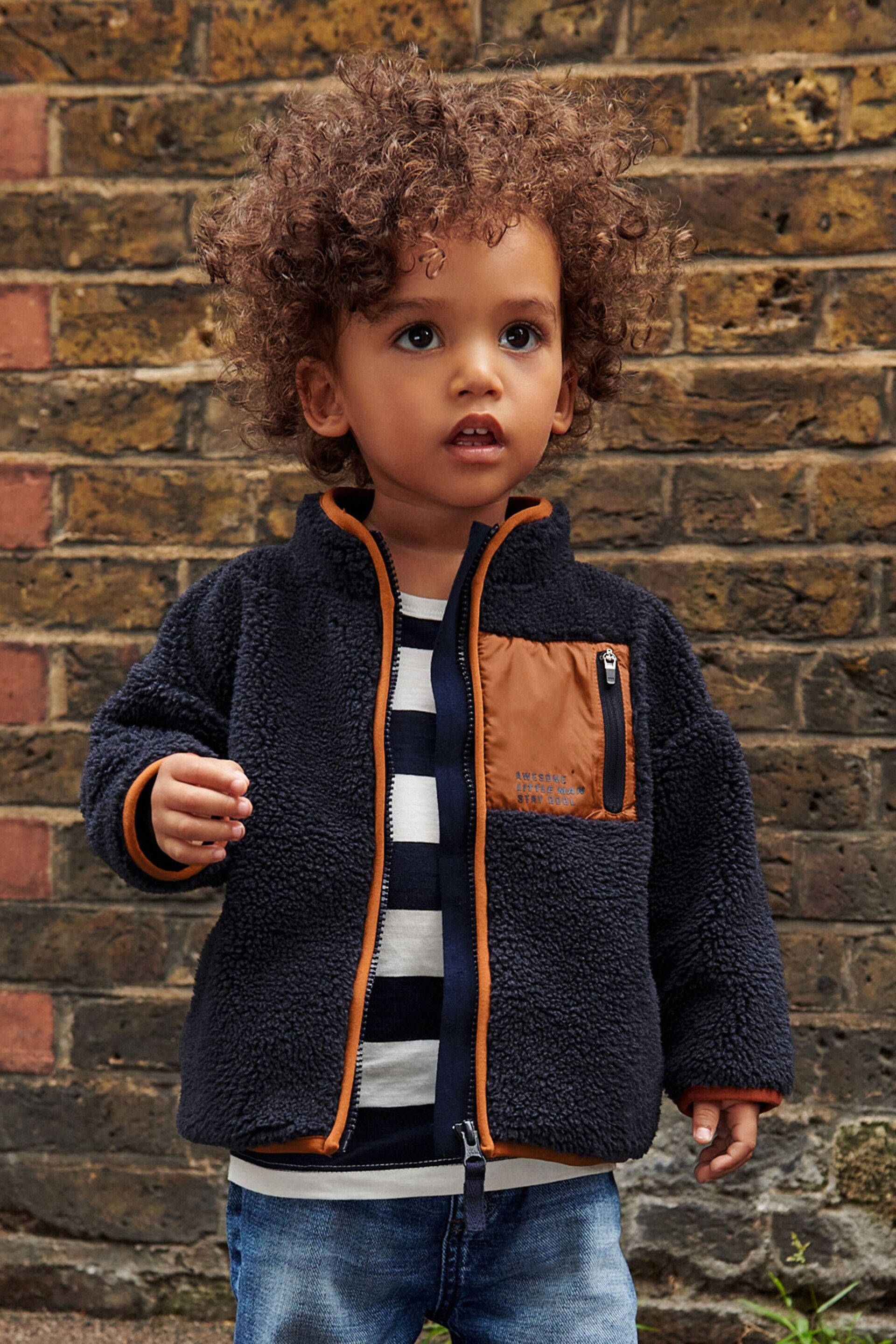 Navy Teddy Borg Fleece Zip Through Jacket (3mths-7yrs) - Image 1 of 7