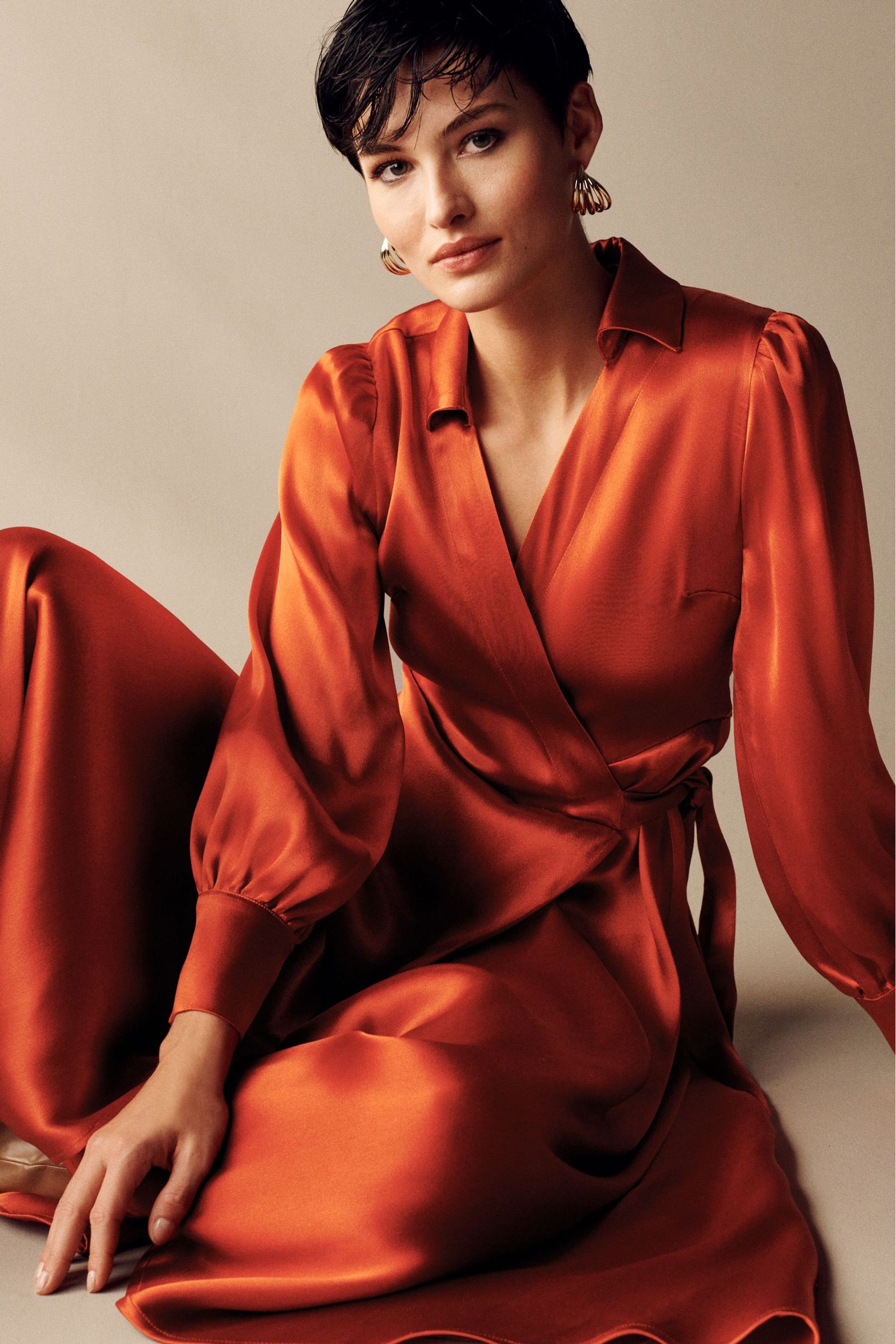 Buy Copper Orange Satin Midi Shirt Dress from Next Luxembourg