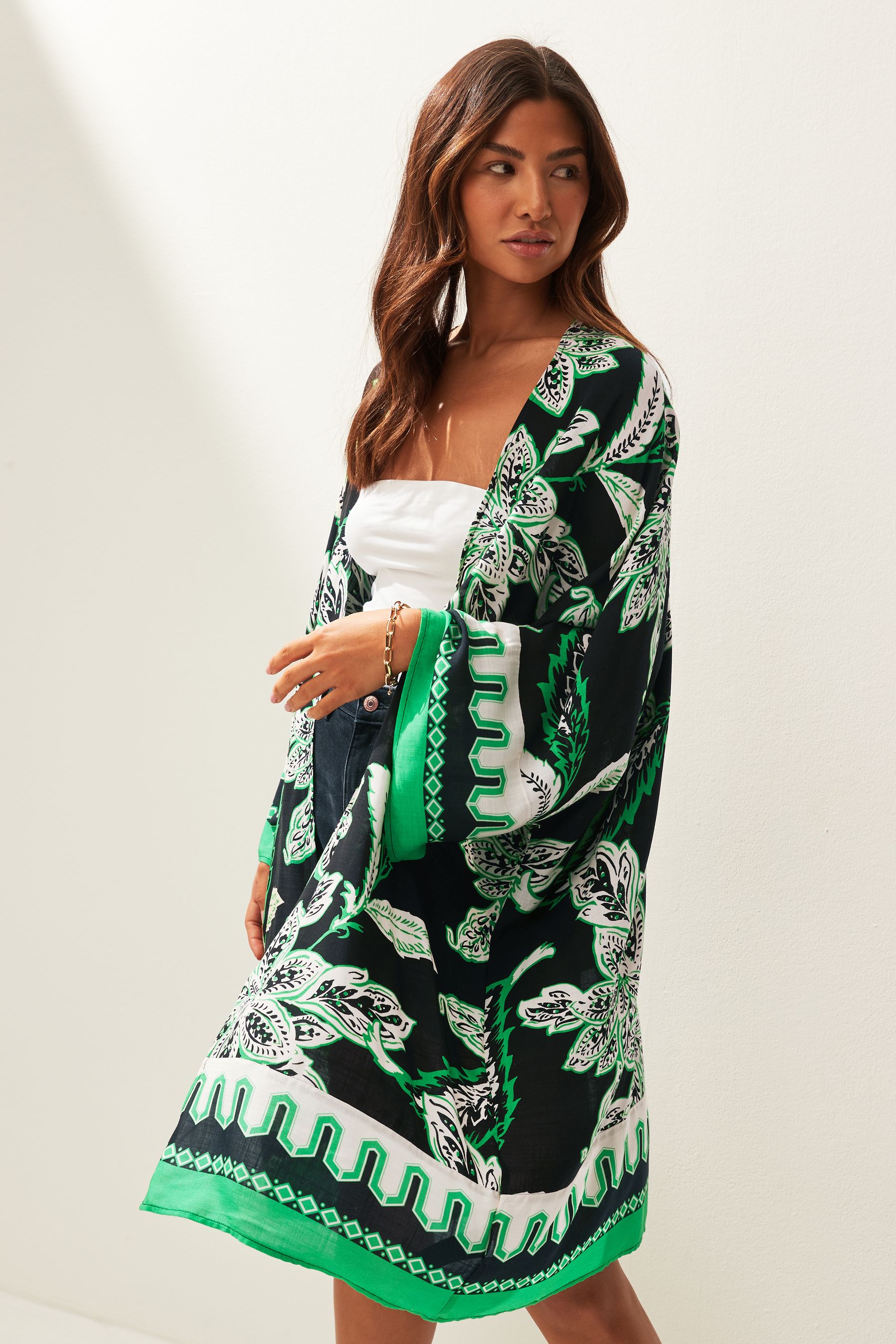 Buy Black Green Leaf Print Longline Kimono Cover Up from Next Luxembourg
