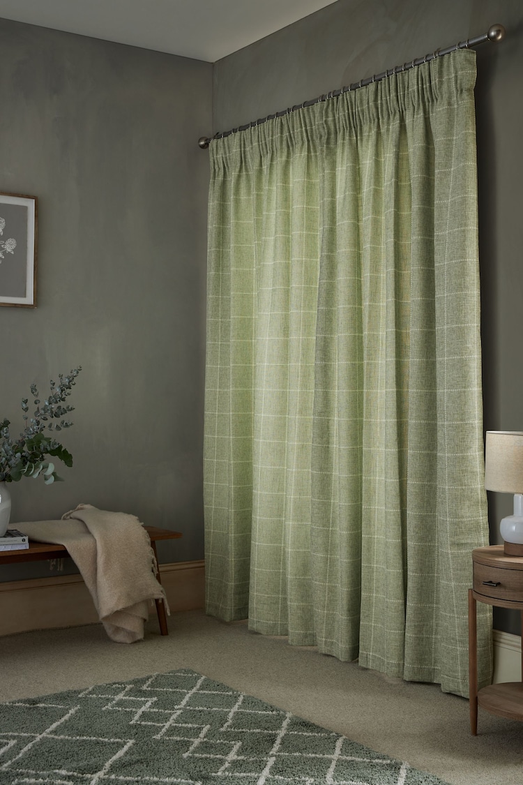 Sage Green Windowpane Check Lined Pencil Pleat Curtains - Image 2 of 6