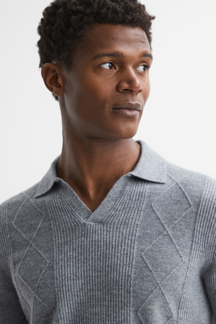 Reiss Soft Grey Melange Malik Wool Open Collar Top - Image 1 of 5