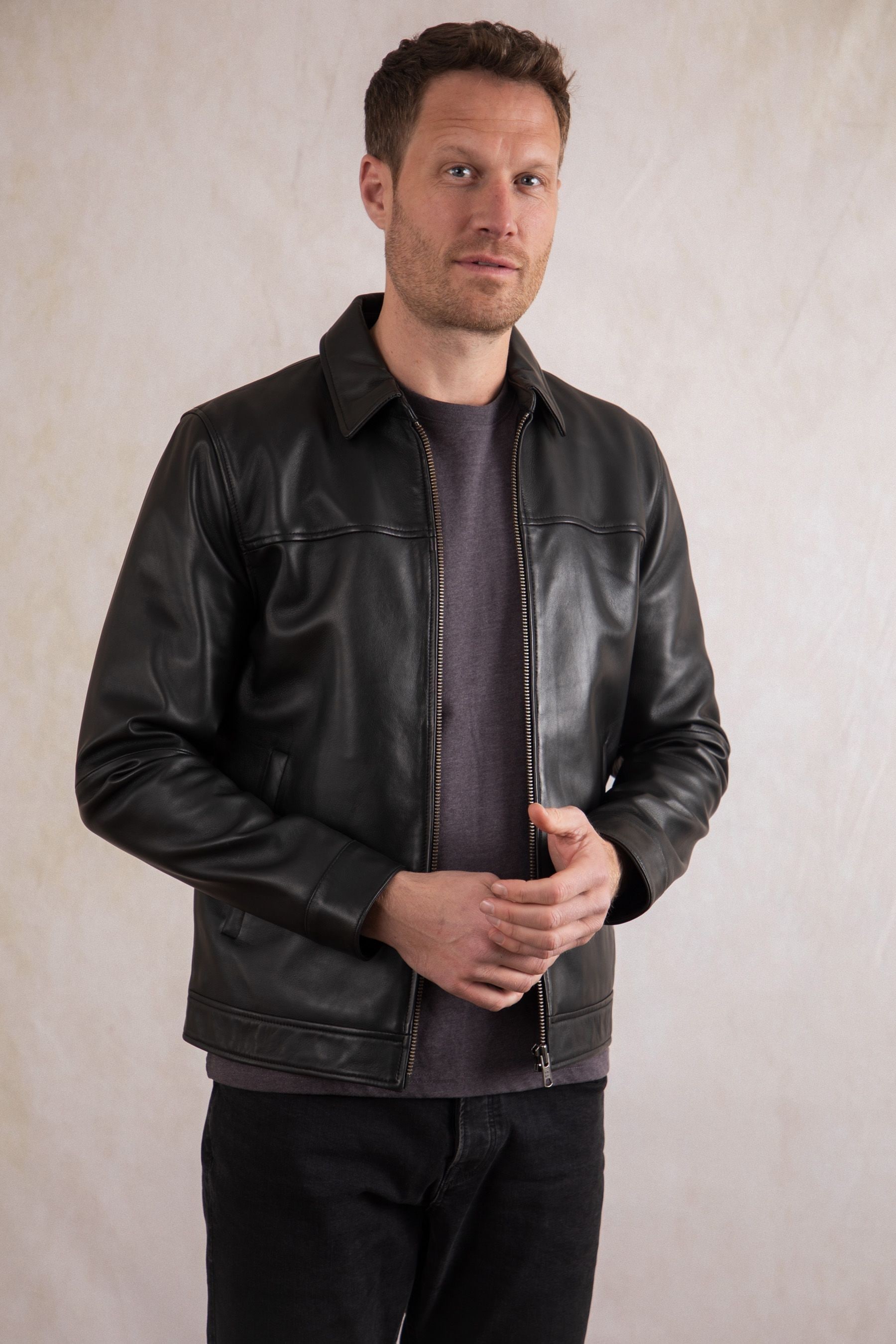Collared leather jacket deals