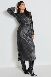 Silver Metallic Stripe Long Sleeve Belted Midi Dress - Image 1 of 6