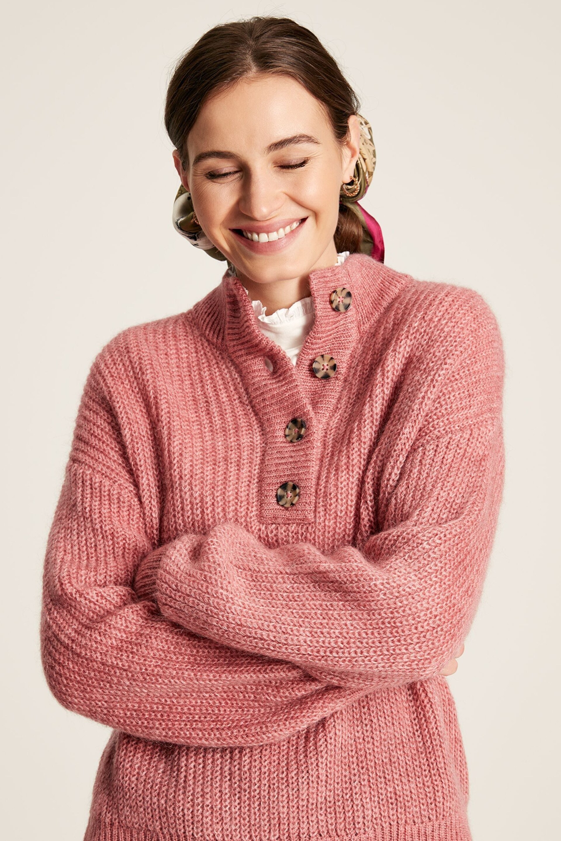 Joules Kayleigh Pink Button Neck Ribbed Jumper - Image 4 of 6