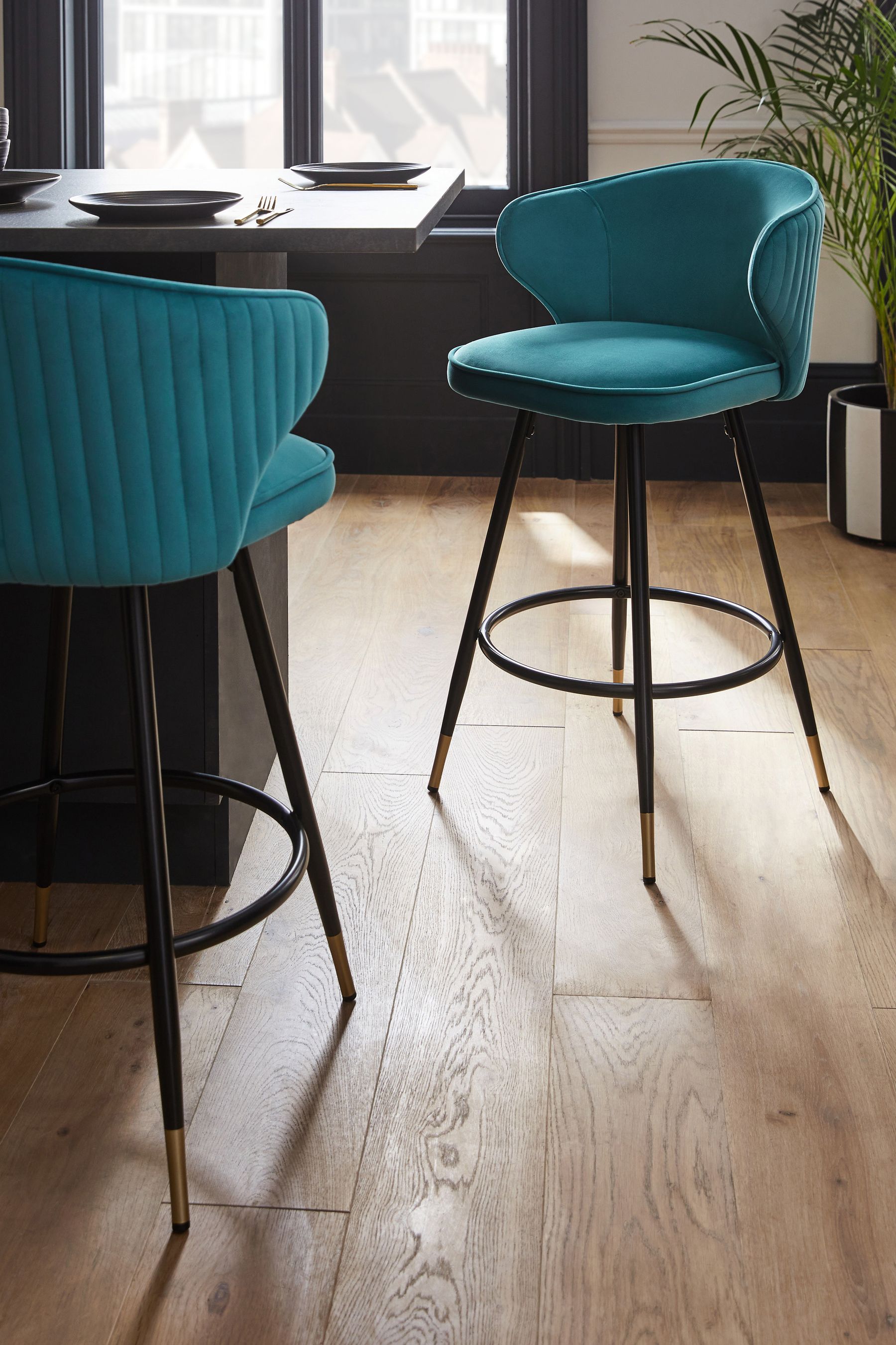 Buy Soft Velvet Teal Blue Piano Carver Bar Stool from the Next UK online shop