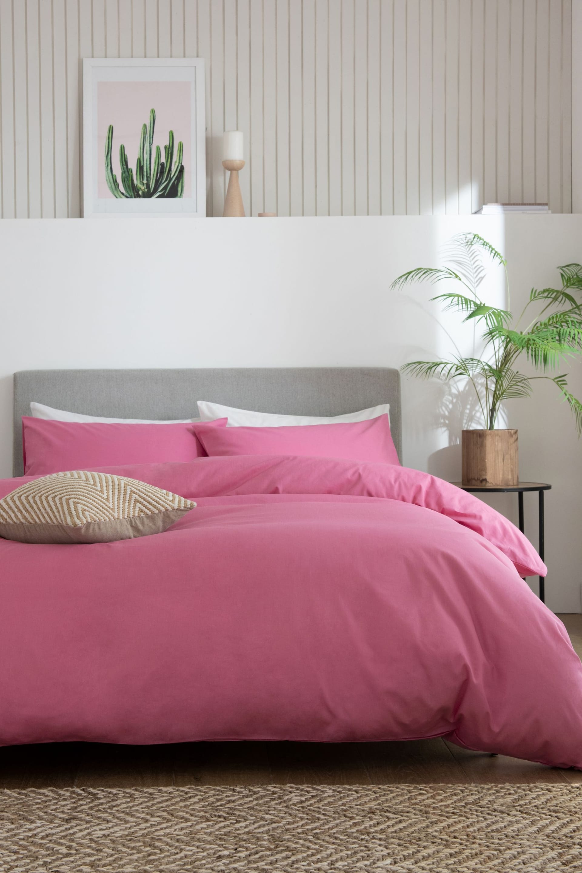 Pink Bright Cotton Rich Plain Duvet Cover and Pillowcase Set - Image 1 of 4