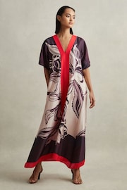 Reiss Ivory/Burgundy Hanna Printed Front Split Midi Dress - Image 1 of 7