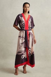 Reiss Ivory/Burgundy Hanna Printed Front Split Midi Dress - Image 5 of 7