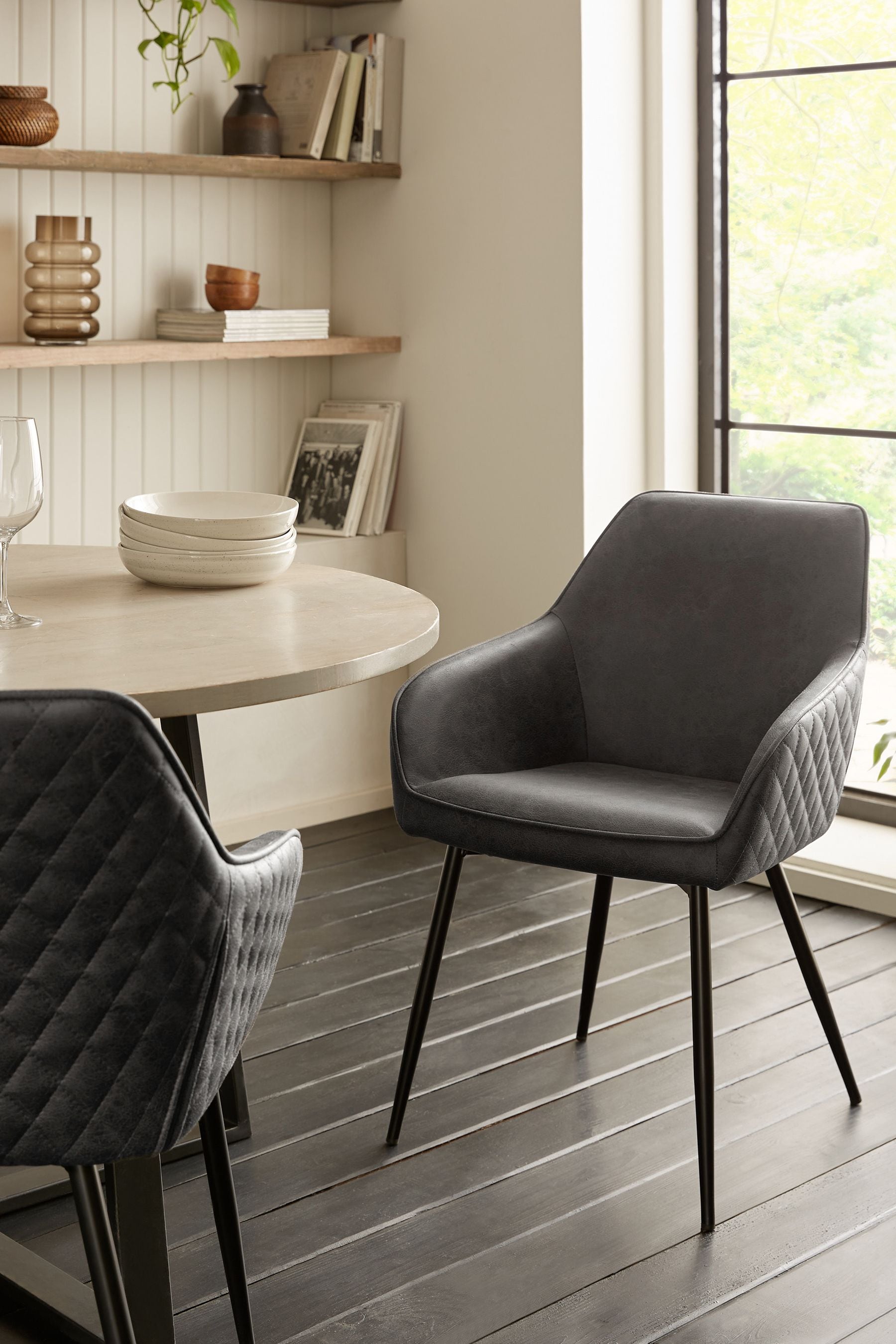 Buy Set of 2 Monza Faux Leather Dark Grey Hamilton Black Leg Quilted Dining Chairs from the Next UK online shop